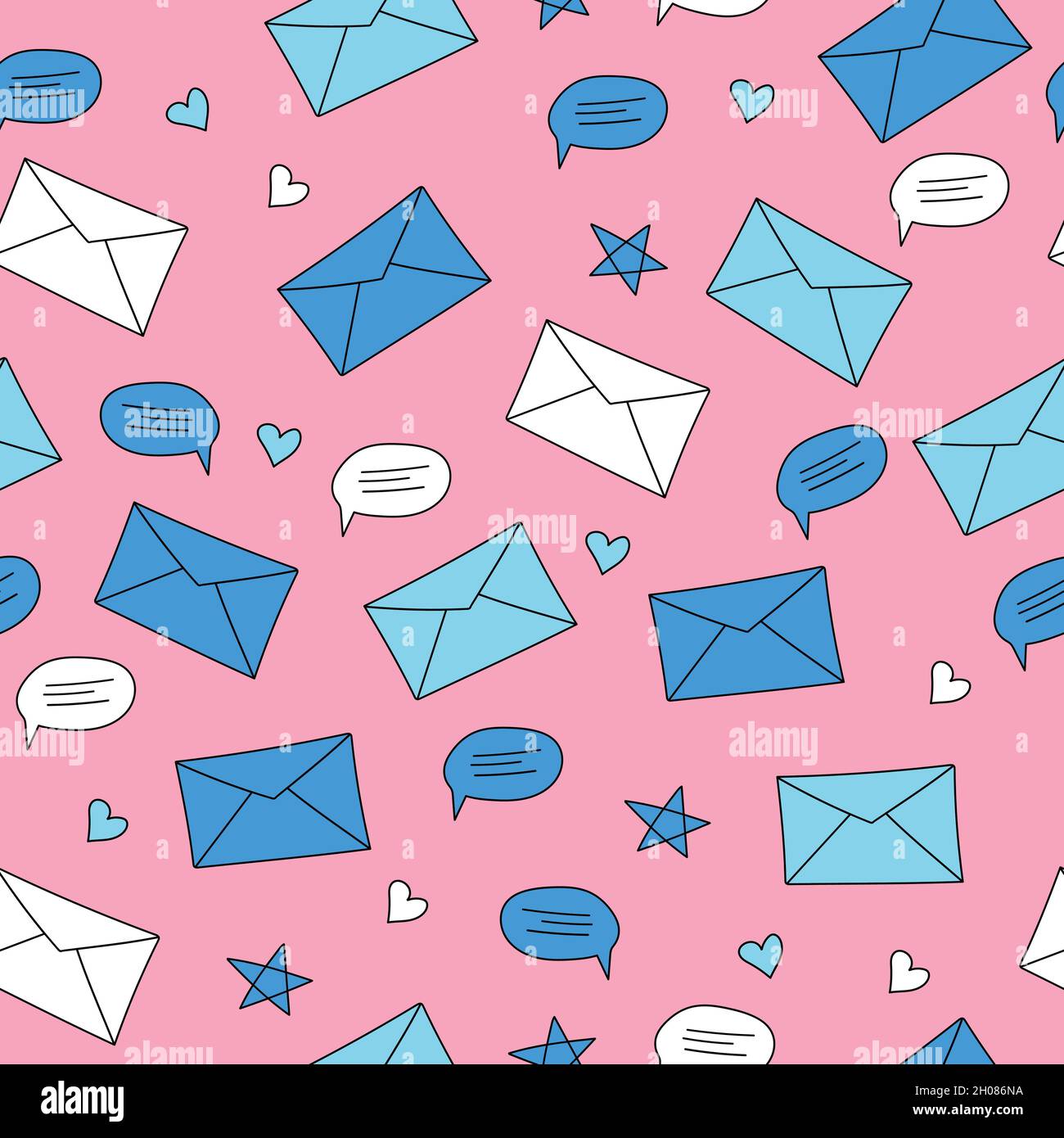 Buste e bolle vocali su sfondo rosa. Motivo senza giunture con stile disegnato a mano. Concetto di corrispondenza, chat e comunicazione Illustrazione Vettoriale