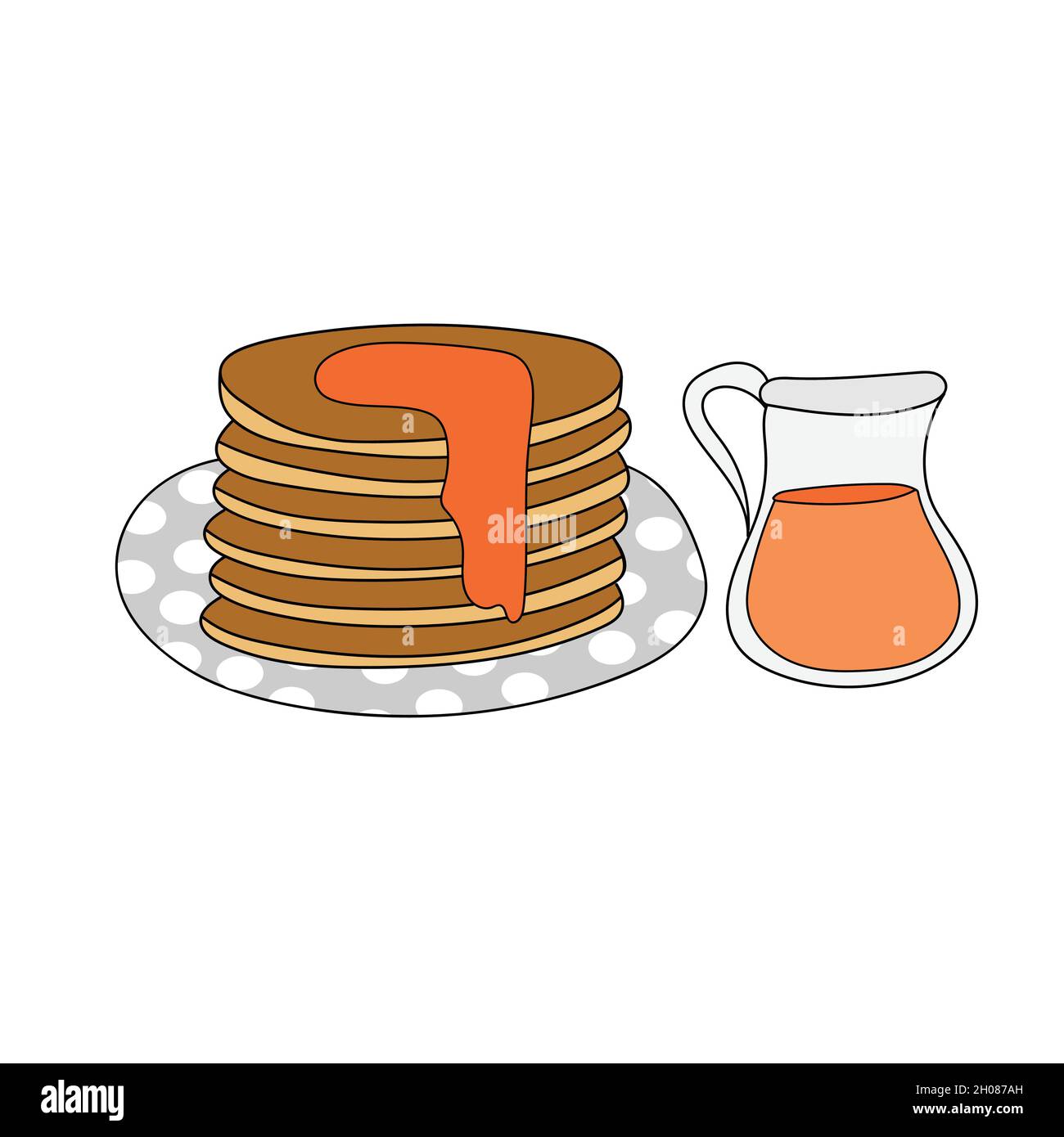 Pancake con sciroppo d'acero, semplice illustrazione vettoriale disegnata a mano su bianco Illustrazione Vettoriale