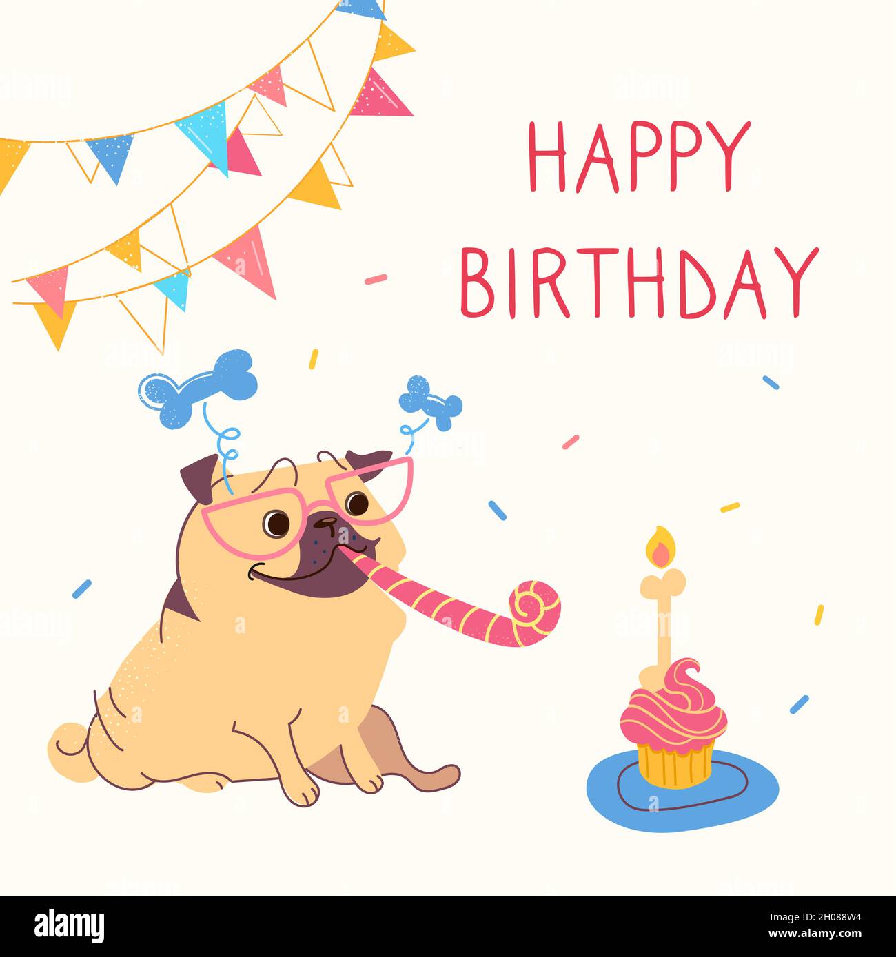 Carte compleanno con carino pug cartoon. Garlands, un cupcake festivo con candele a forma di osso, tubo, occhiali da sole per una festa. Il vostro compleanno dei cani. Divertente vettore animale, cucciolo piccolo Illustrazione Vettoriale