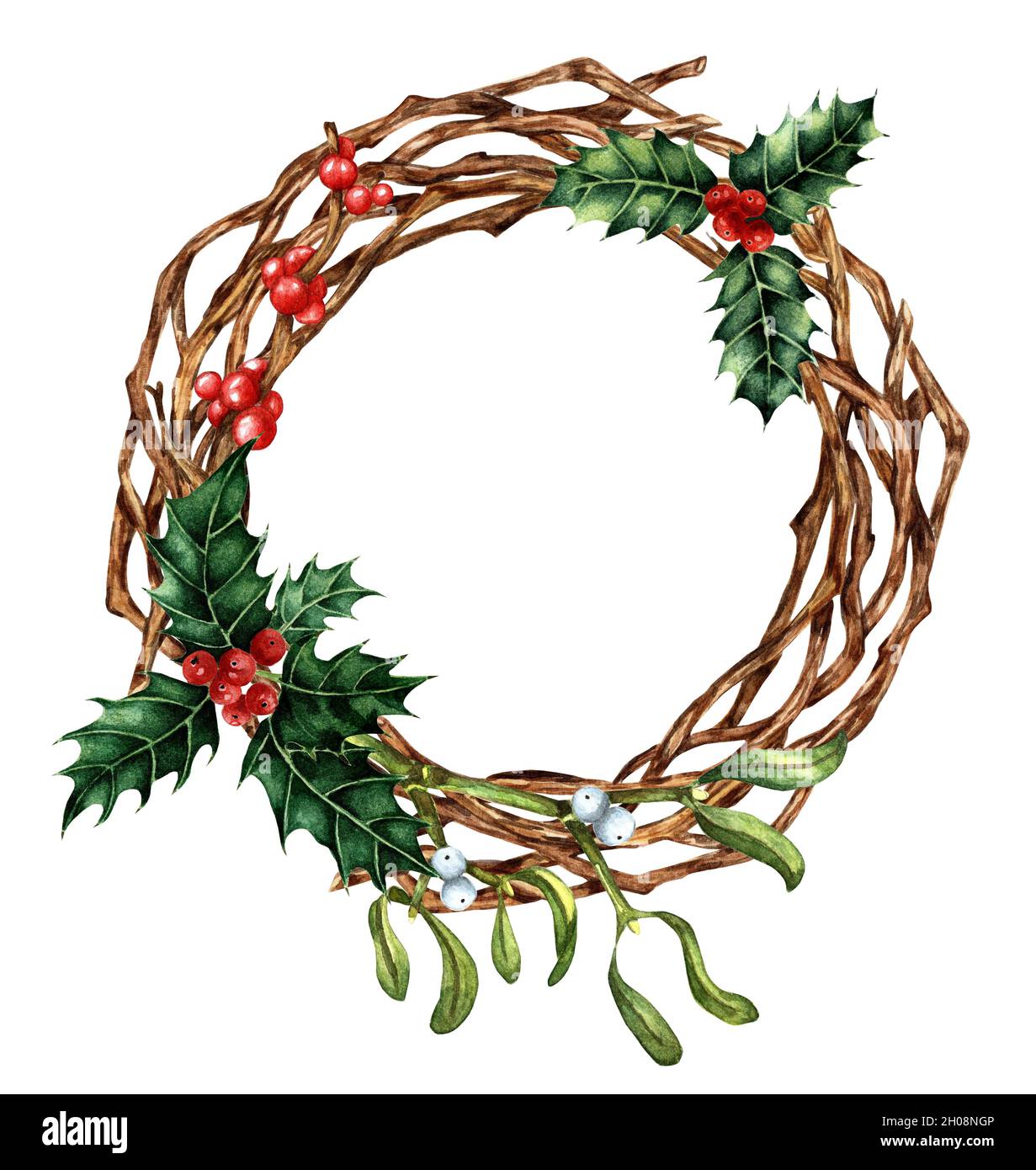Decorazioni di Natale e Capodanno con una corona di rami. Acquerello illustrazione di una corona in stile country da ramoscelli, agrifoglio, ilex e vischio. Foto Stock