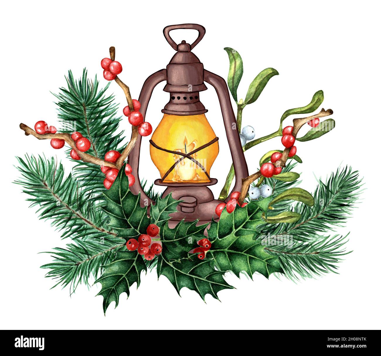 Decorazione per Natale e Capodanno lanterna con una candela in rami di abete, agrifoglio, ilex e vischio. Acquerello illustrazione di decorazione per il holi Foto Stock