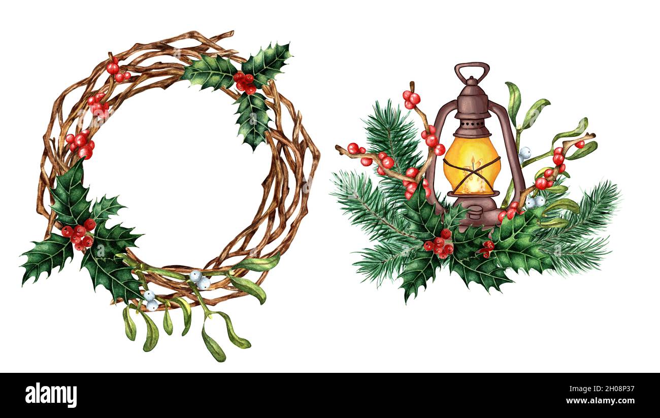 Acquerello set per Natale e Capodanno corona e lanterna. Decorazioni festive decorate con rami di vischio, agrifoglio, ilex, abete rosso, pino. Isolato Foto Stock
