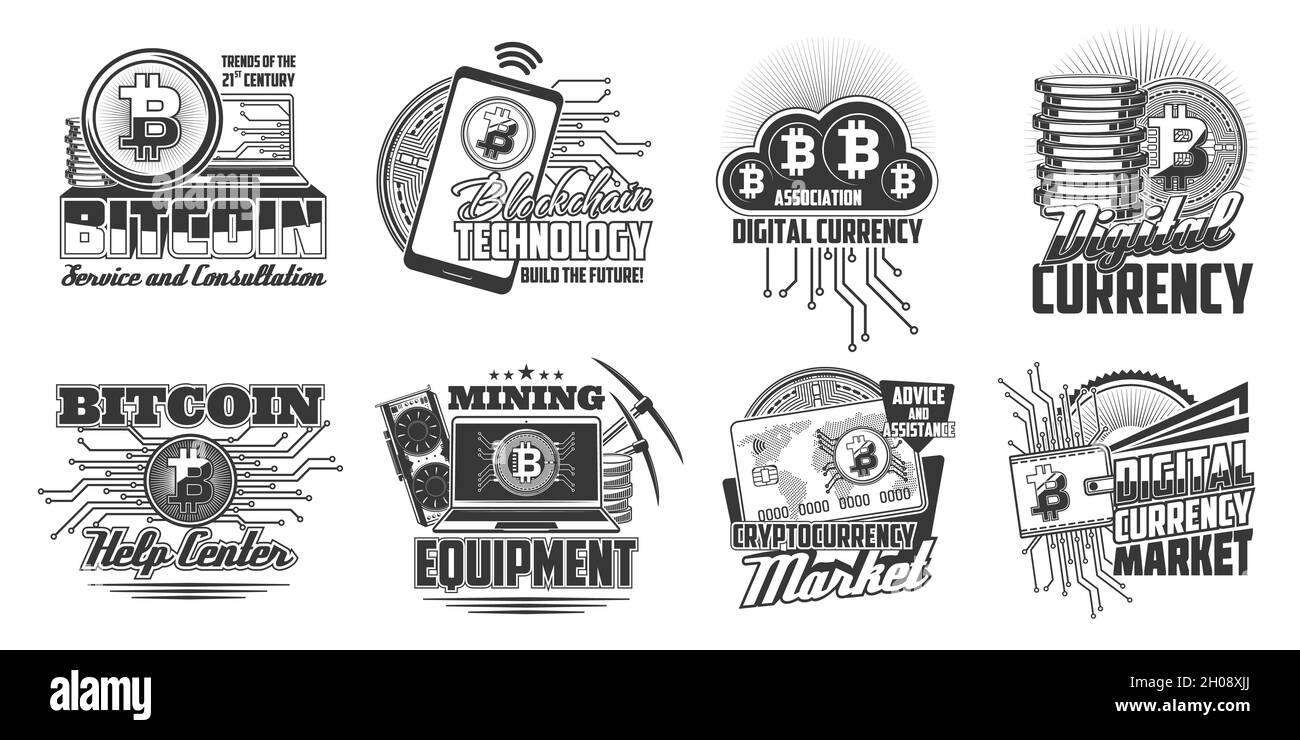 Icone della tecnologia blockchain di criptovaluta Bitcoin. Computer portatile, cellulare e scheda grafica, monete bitcoin, carta bancaria e portafoglio inciso vettore. Illustrazione Vettoriale
