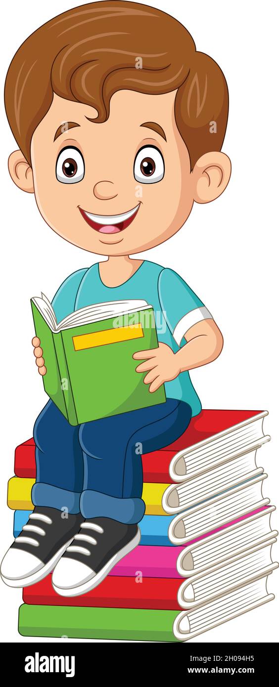 Piccolo ragazzo cartoon che legge un libro sul mucchio libri Illustrazione Vettoriale