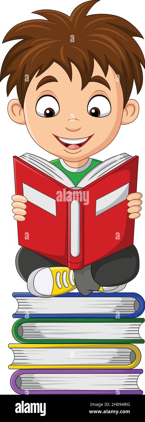 Piccolo ragazzo cartoon che legge un libro sul mucchio libri Illustrazione Vettoriale