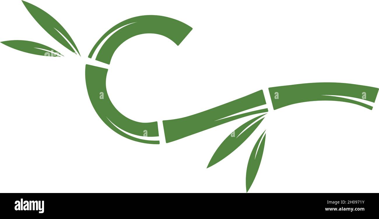 Logo di bambù con modello di icona vettoriale a foglia verde Illustrazione Vettoriale