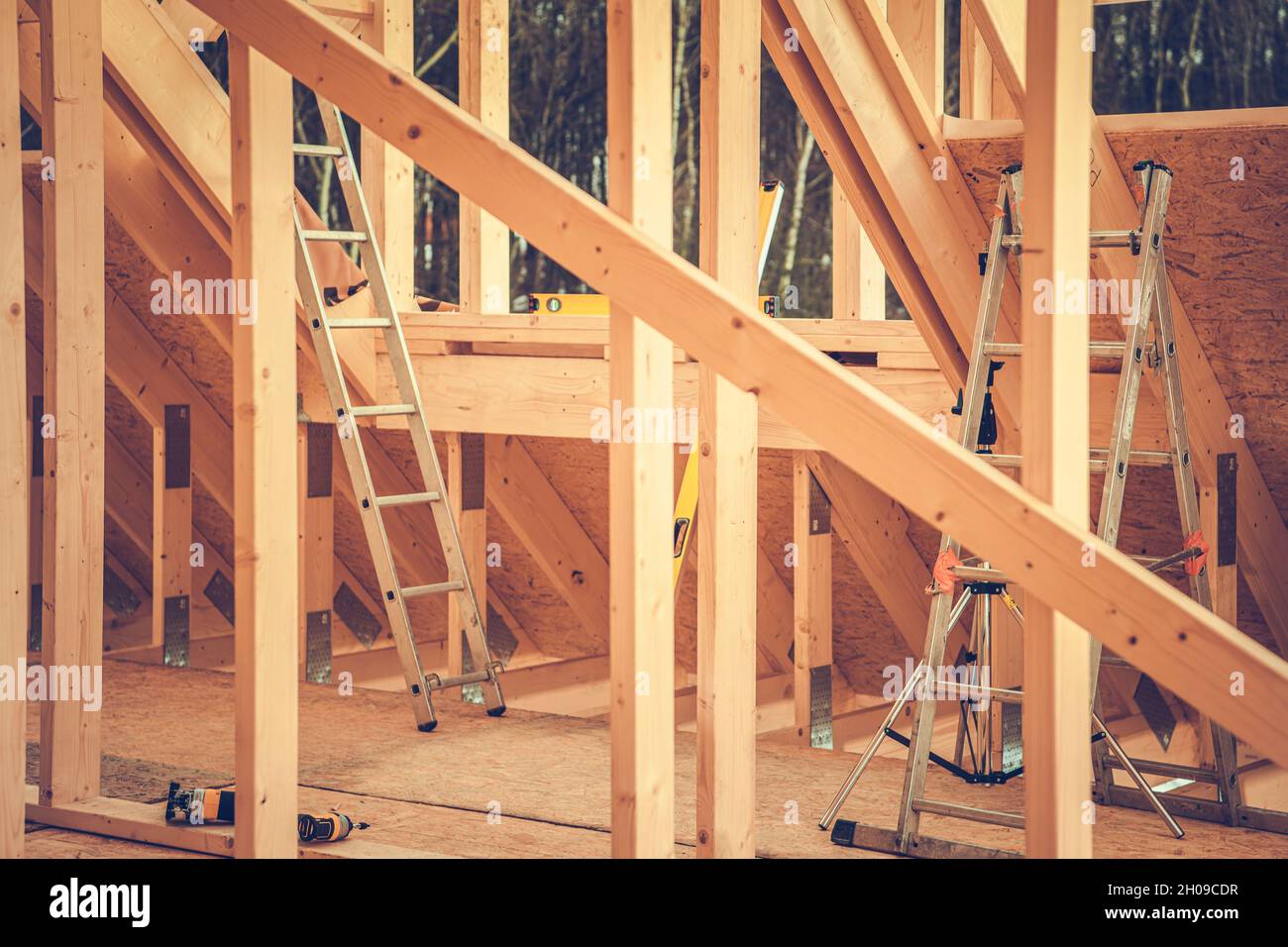 Gruppo telaio di scheletro di legno di casa di recente sviluppo. Tema dell'industria delle costruzioni. Foto Stock