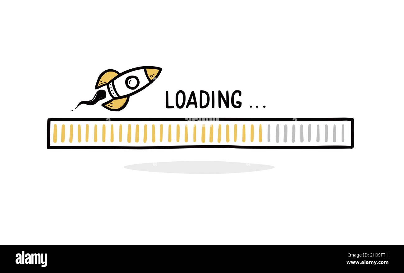 Barretta di caricamento ad alta velocità con razzo. Barra di avanzamento della velocità, concetto di Internet veloce. Stile di schizzo della linea disegnata a mano. Illustrazione vettoriale isolata. Illustrazione Vettoriale