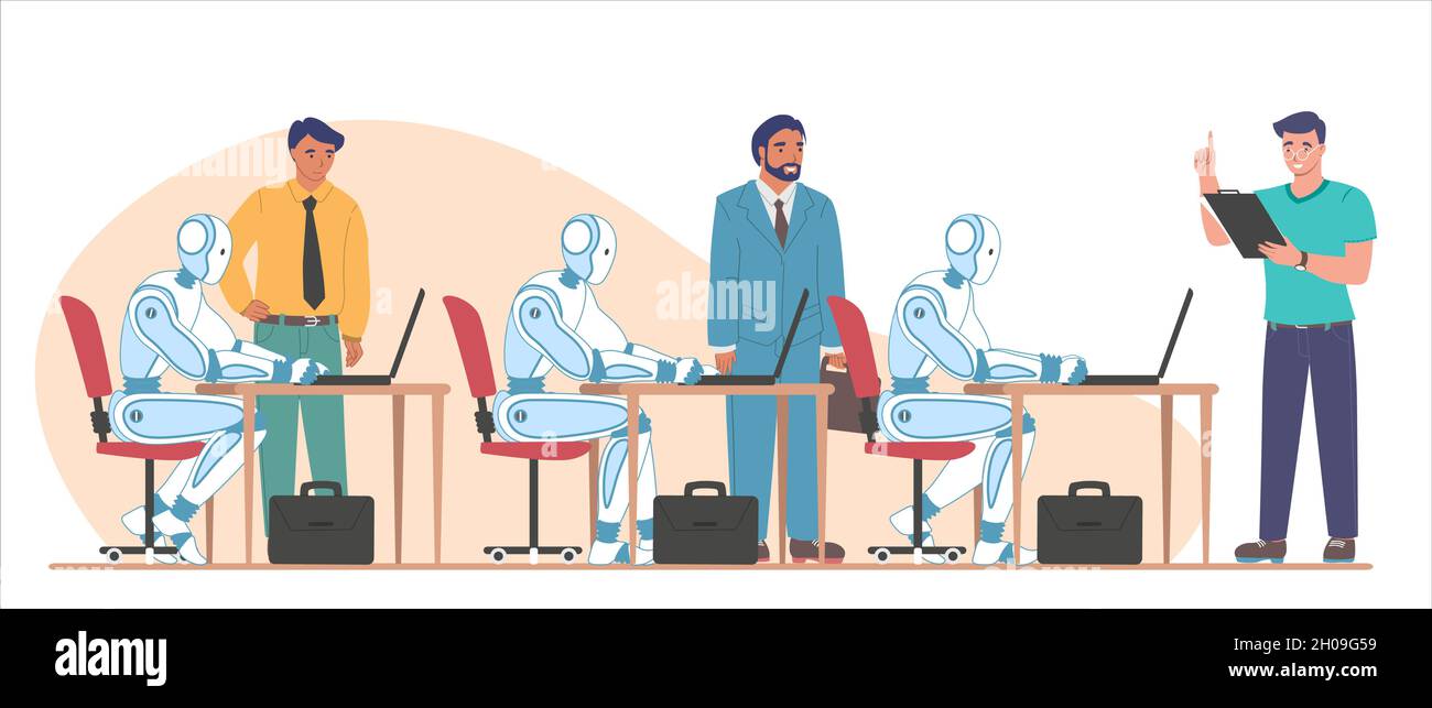 Robot che lavorano su computer che eseguono attività, illustrazione vettoriale piatta. Ai e rpa, automazione dei processi robotici. Illustrazione Vettoriale