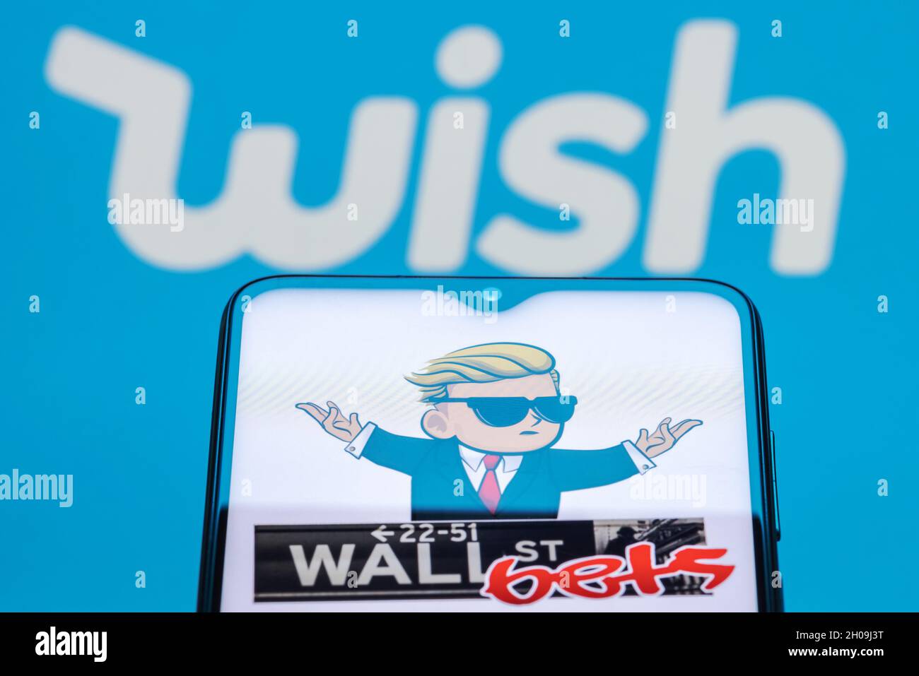 Wish è una piattaforma di e-commerce online. Pompare azioni sul mercato azionario da parte del gruppo wallstreetbets di reddit. Foto Stock