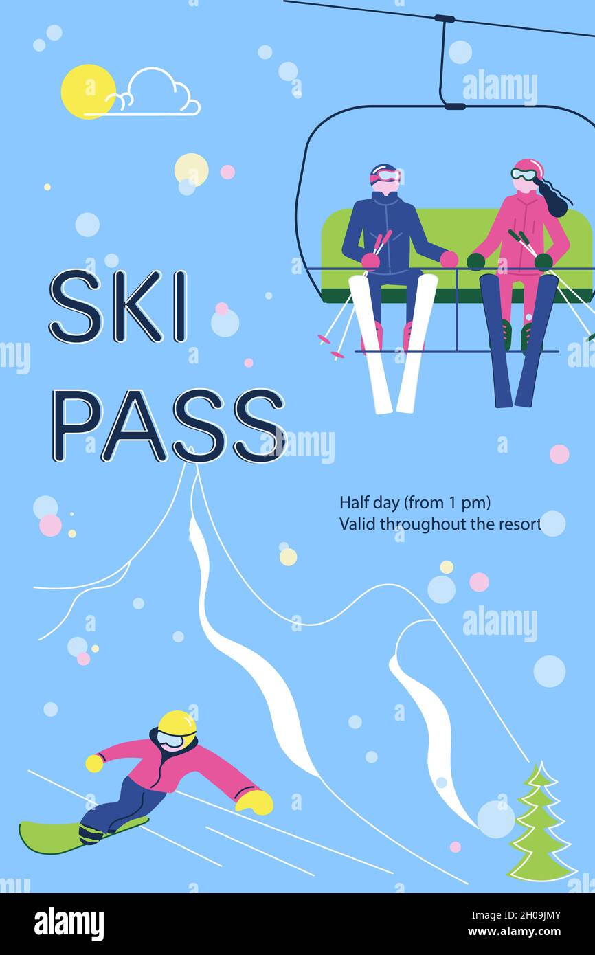 Il banner Ski Pass con la gente si rilassa e si diverte con lo snowsport. Illustrazione Flat Art Foto Stock