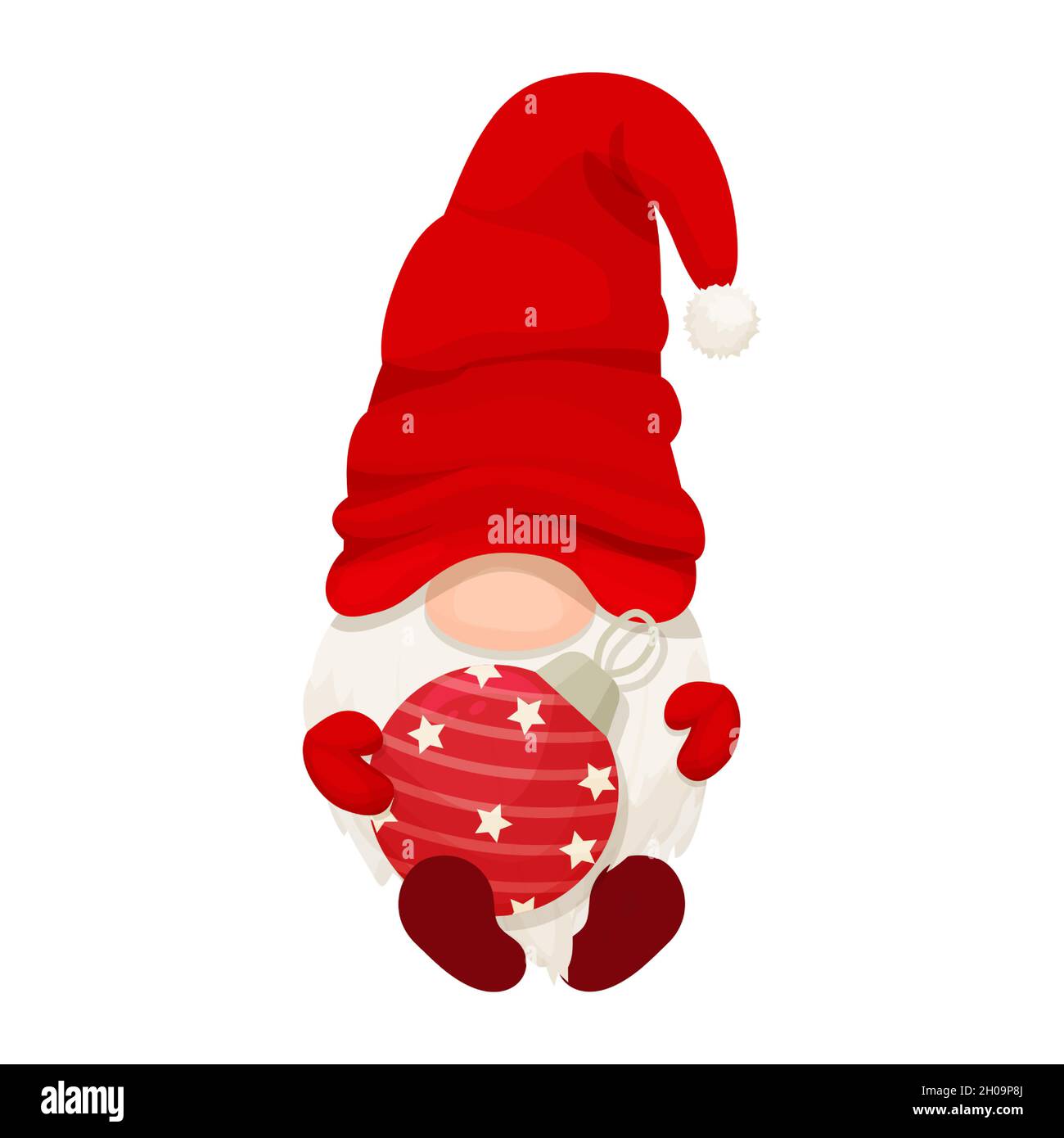 Simpatico gnome di Natale, elfo in cappello rosso in stile cartone animato, personaggio di saluto di Capodanno isolato su sfondo bianco. Tradizionale fata divertente con barba. Illustrazione vettoriale Illustrazione Vettoriale