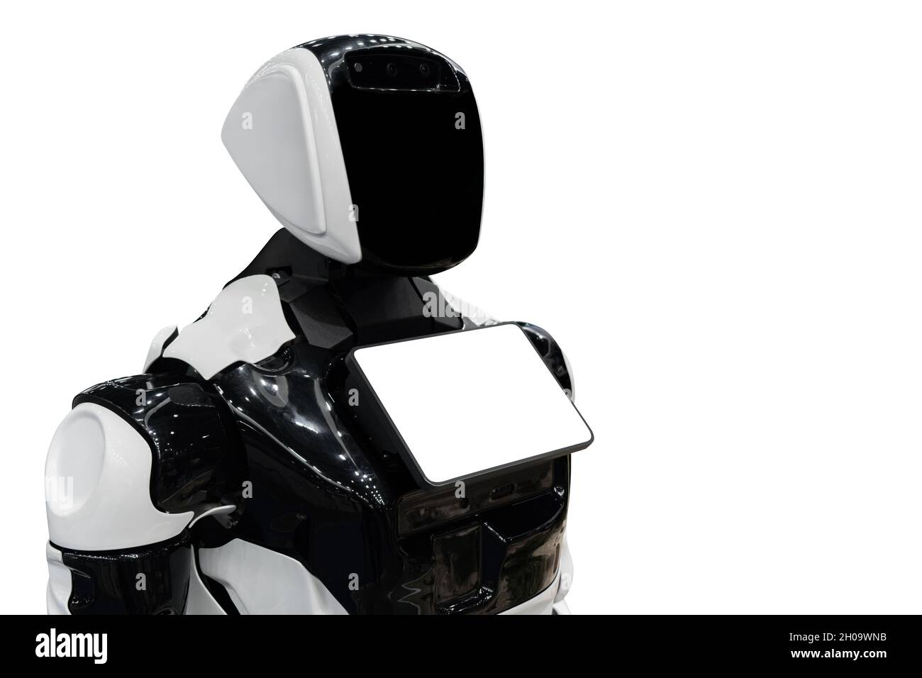 Robot promozionale con touchscreen isolato su sfondo bianco Foto Stock