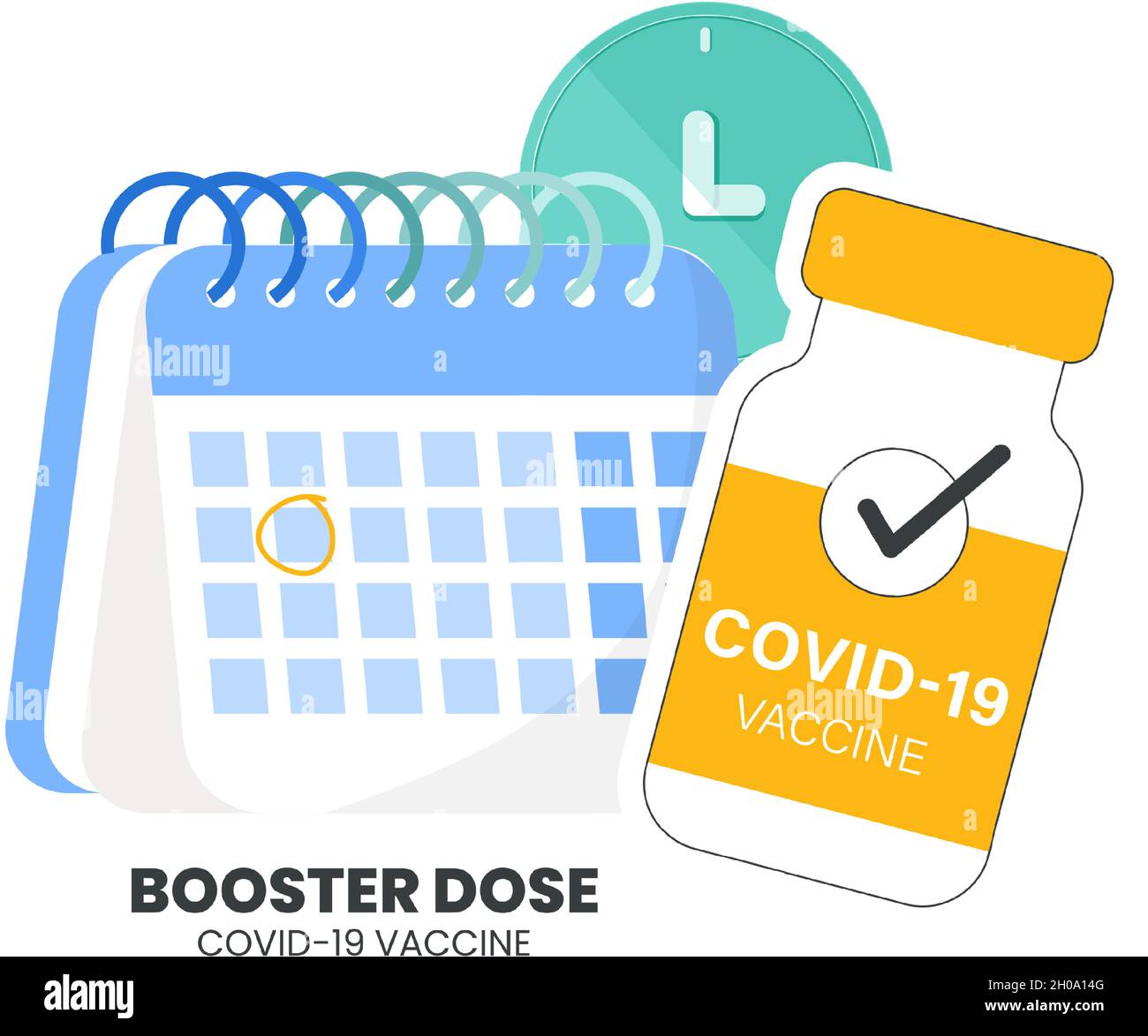 Vettore Illustrator del flacone di vaccino, iniezione della siringa e calendario. Terzo richiamo del vaccino dopo la dose di primer. Iniezione di richiamo. Illustrazione Vettoriale