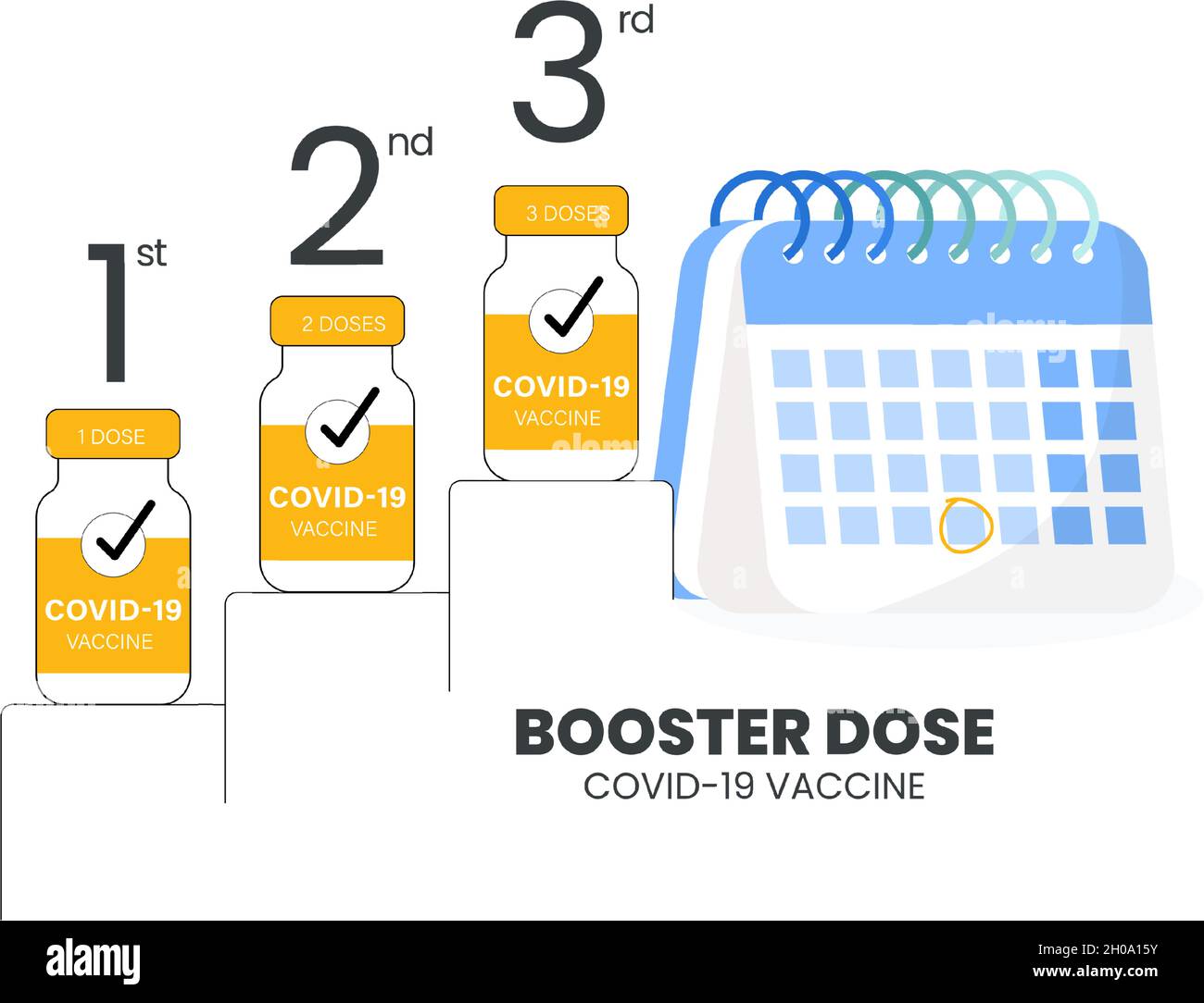 Iniezione di richiamo per aumentare l'immunità o il concetto di dose di richiamo del vaccino COVID-19. Terzo richiamo del vaccino dopo la dose di primer. Vettore Illustrator Illustrazione Vettoriale