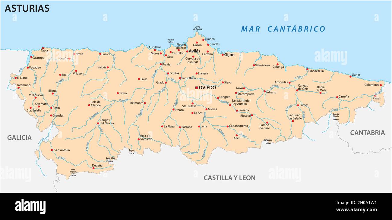 Mappa vettoriale della comunità autonoma spagnola delle Asturie Illustrazione Vettoriale