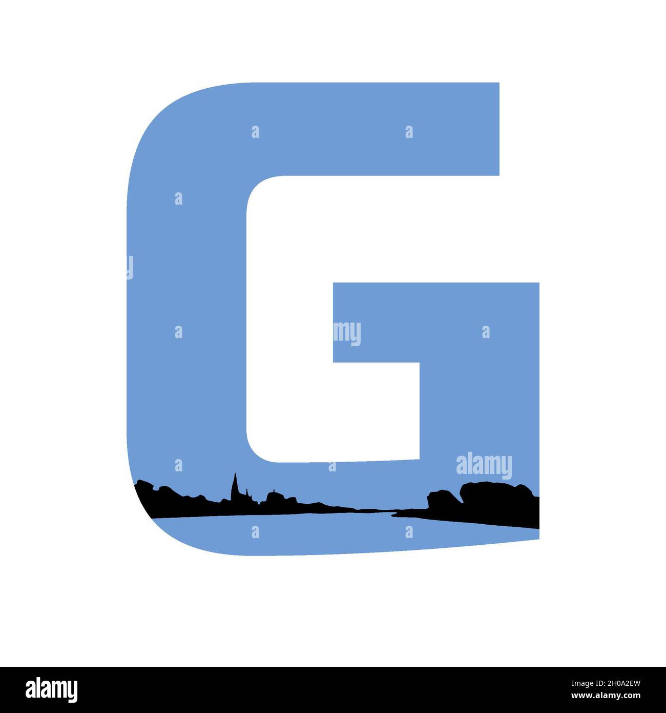 Lettera G dell'alfabeto fatto con uno sfondo blu e una silhouette di un villaggio, isolato su uno sfondo bianco Foto Stock