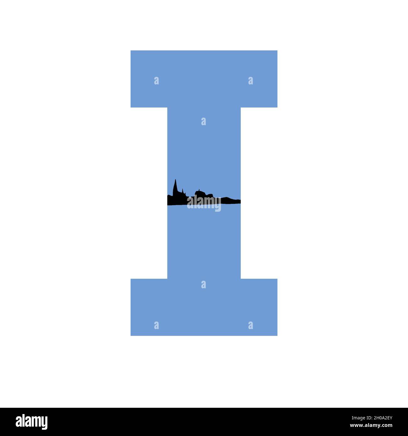 Lettera i dell'alfabeto fatto con uno sfondo blu e una silhouette di un villaggio, isolato su uno sfondo bianco Foto Stock
