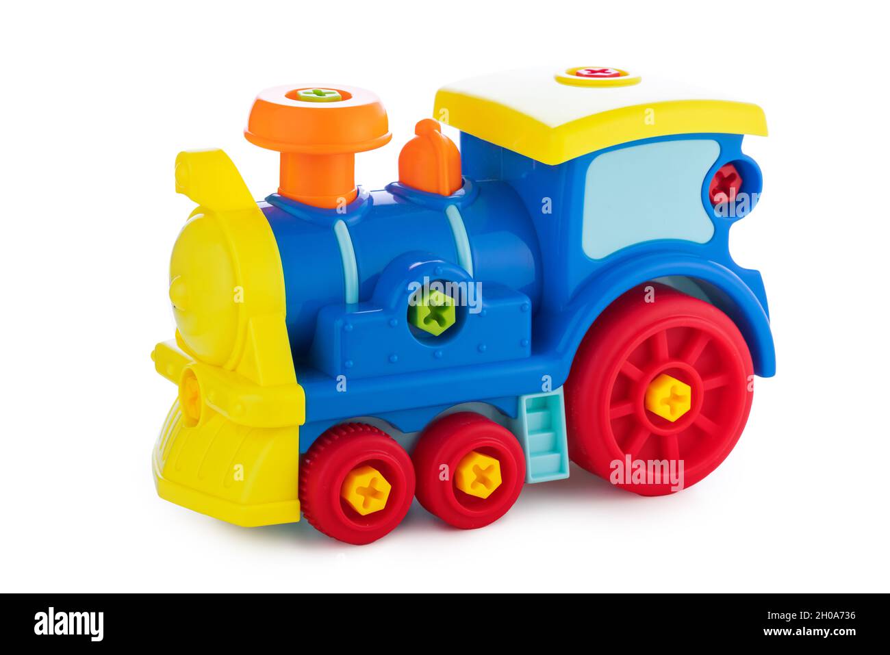In plastica colorata toy train isolati su sfondo bianco. Foto Stock In plastica colorata toy train isolati su sfondo bianco. Foto Stock