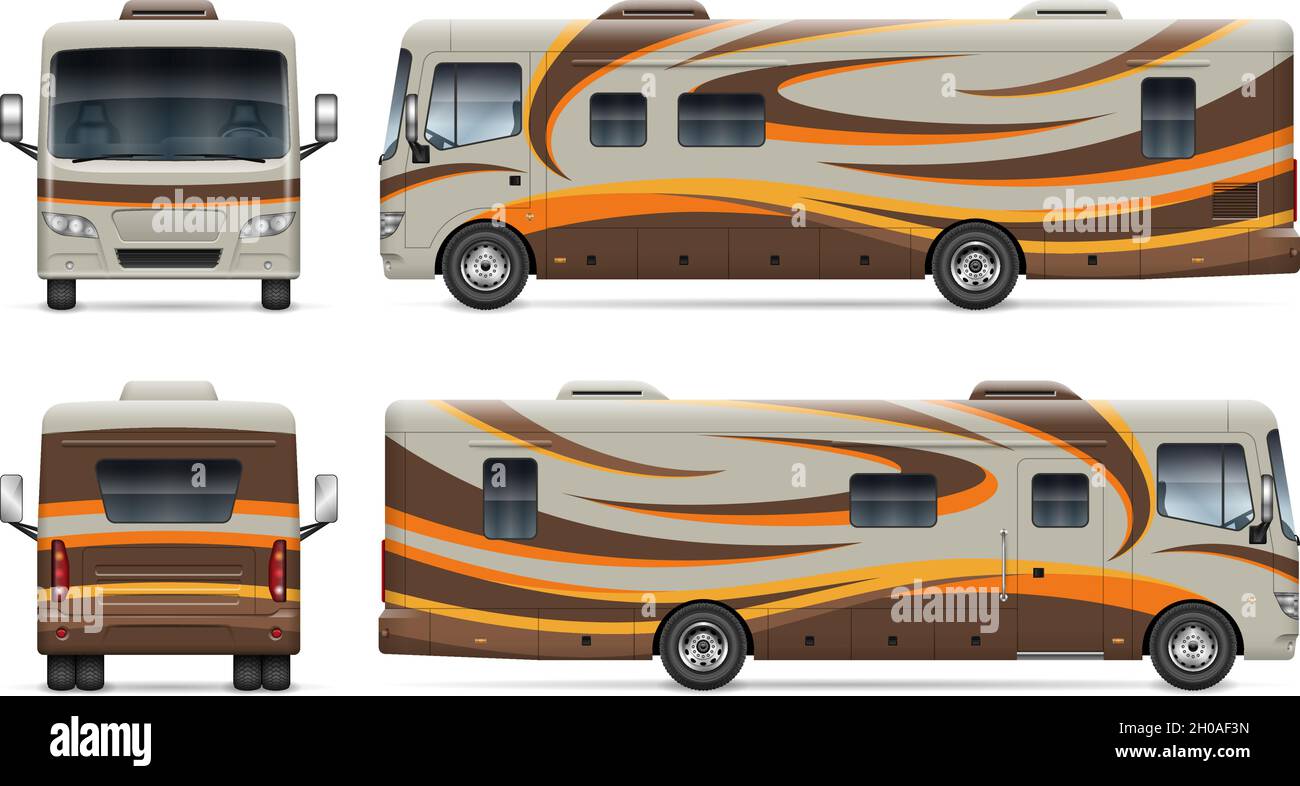 Mockup vettoriale per veicoli da diporto su bianco per il branding dei veicoli, l'identità aziendale. Tutti gli elementi nei gruppi su livelli separati Illustrazione Vettoriale