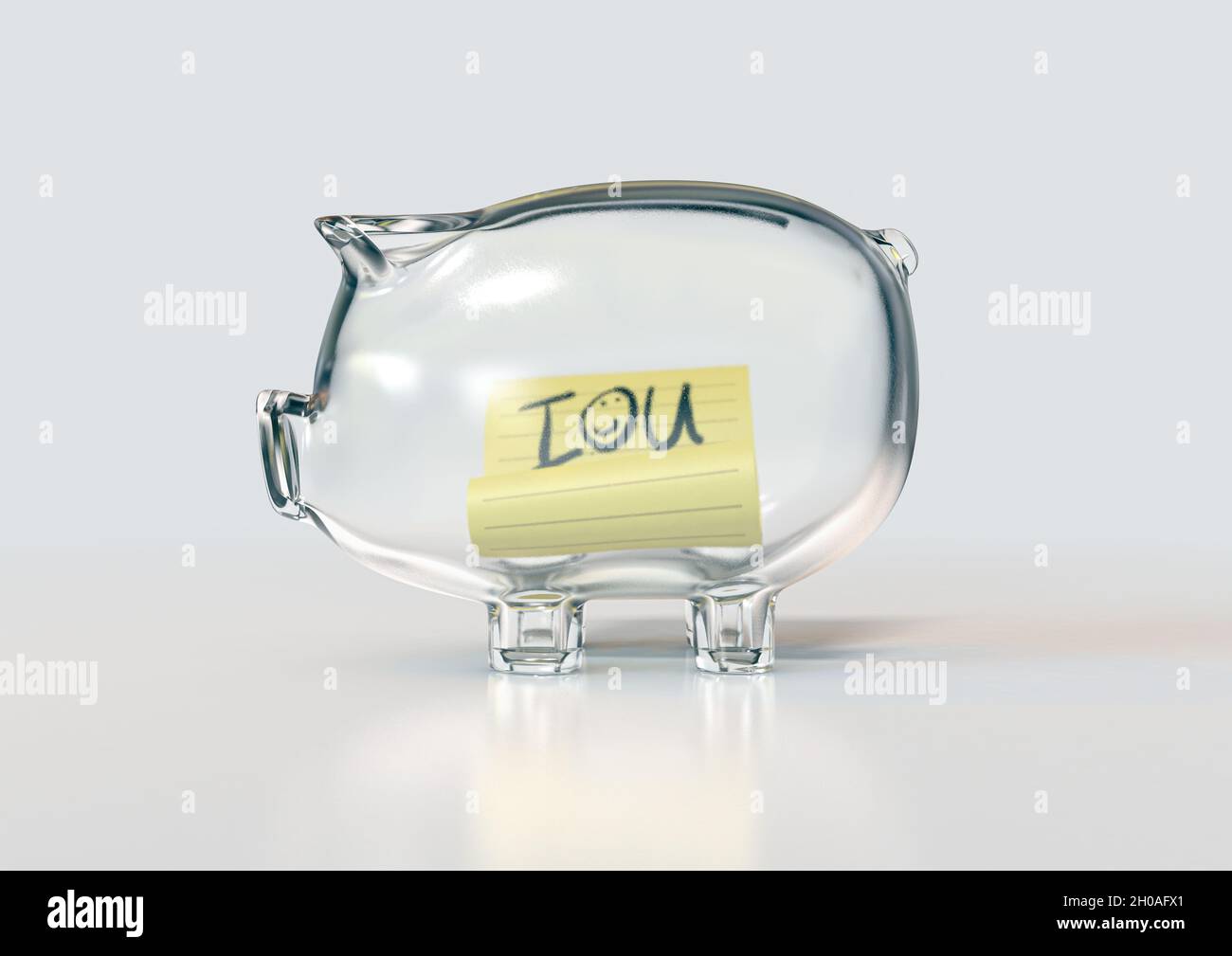 Un banco di piggy in vetro trasparente vuoto su uno sfondo bianco isolato con una nota IOU gialla scritta a mano all'interno - rendering 3D Foto Stock