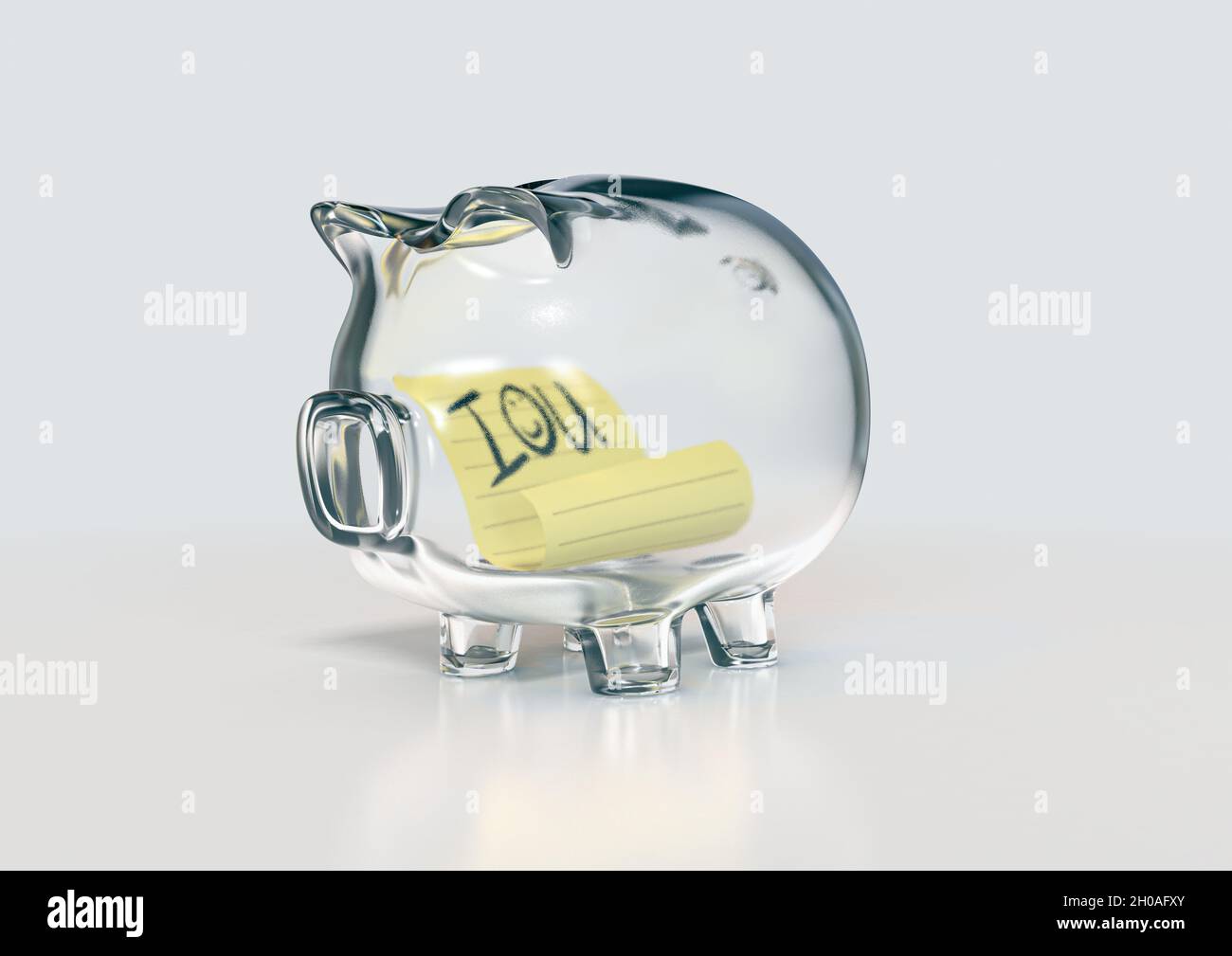 Un banco di piggy in vetro trasparente vuoto su uno sfondo bianco isolato con una nota IOU gialla scritta a mano all'interno - rendering 3D Foto Stock