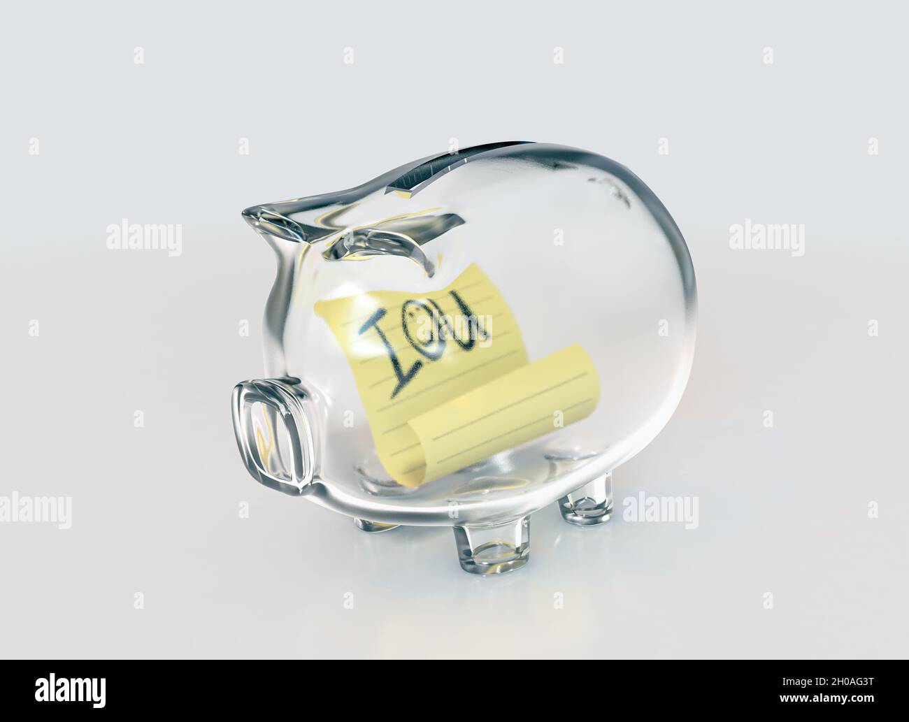 Un banco di piggy in vetro trasparente vuoto su uno sfondo bianco isolato con una nota IOU gialla scritta a mano all'interno - rendering 3D Foto Stock