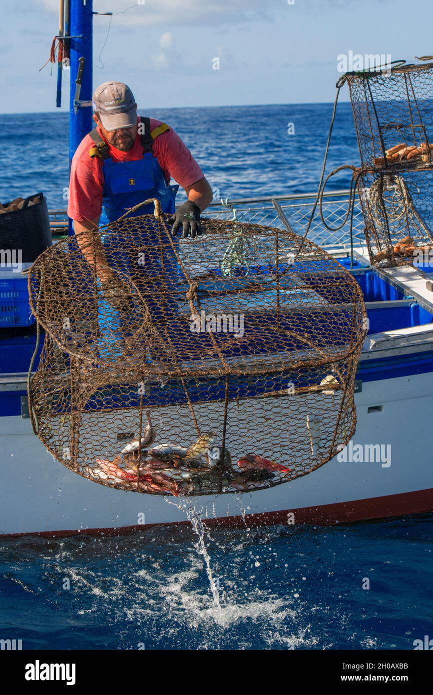 Settore della pesca professionale. Pesca artigianale con gabbie per pesce.  Tenerife, Isole Canarie. Oceano Atlantico, Macaronesia Foto stock - Alamy