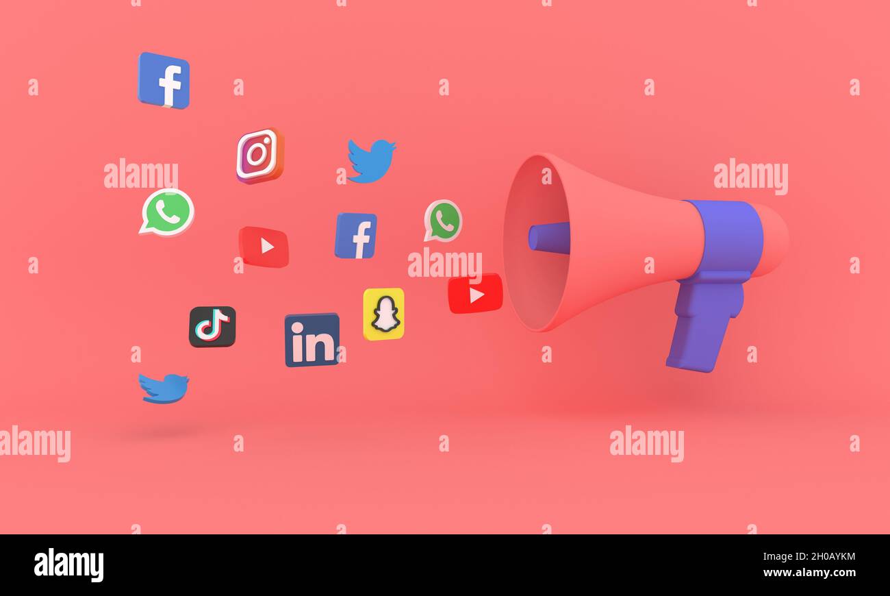 SILICON VALLEY, STATI UNITI - 20 settembre 2021: Una campagna di marketing megaphone con icone di social media su sfondo rosa Foto Stock