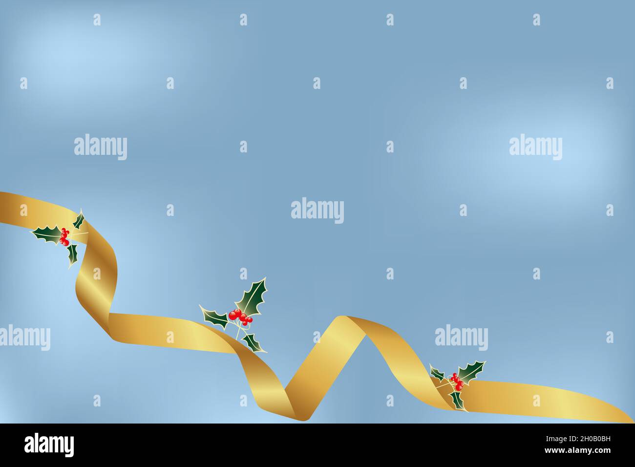 Il disegno della scheda di Natale senza testo fatto con la fascia del regalo del oro e del holly sullo sfondo blu scintillante - ogni dettaglio è usabile per integratio Foto Stock