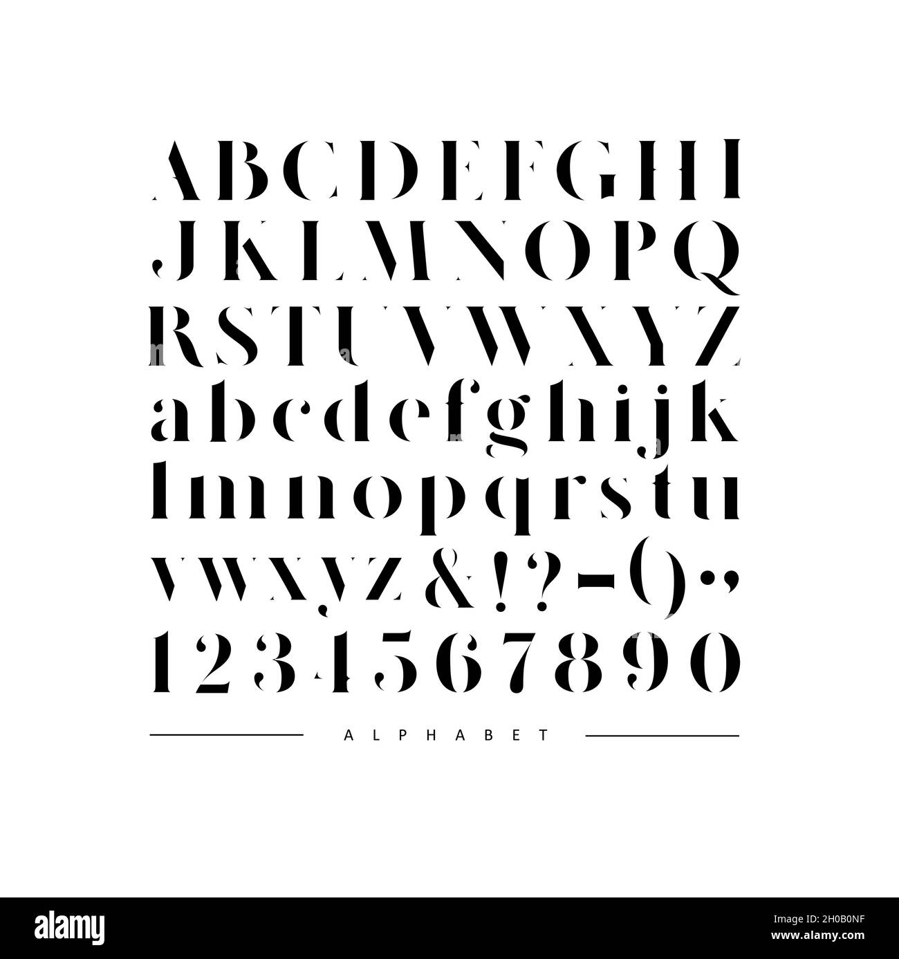 Elegante carattere elegante, alfabeto inglese, lettere maiuscole, minuscole e numeri Illustrazione Vettoriale