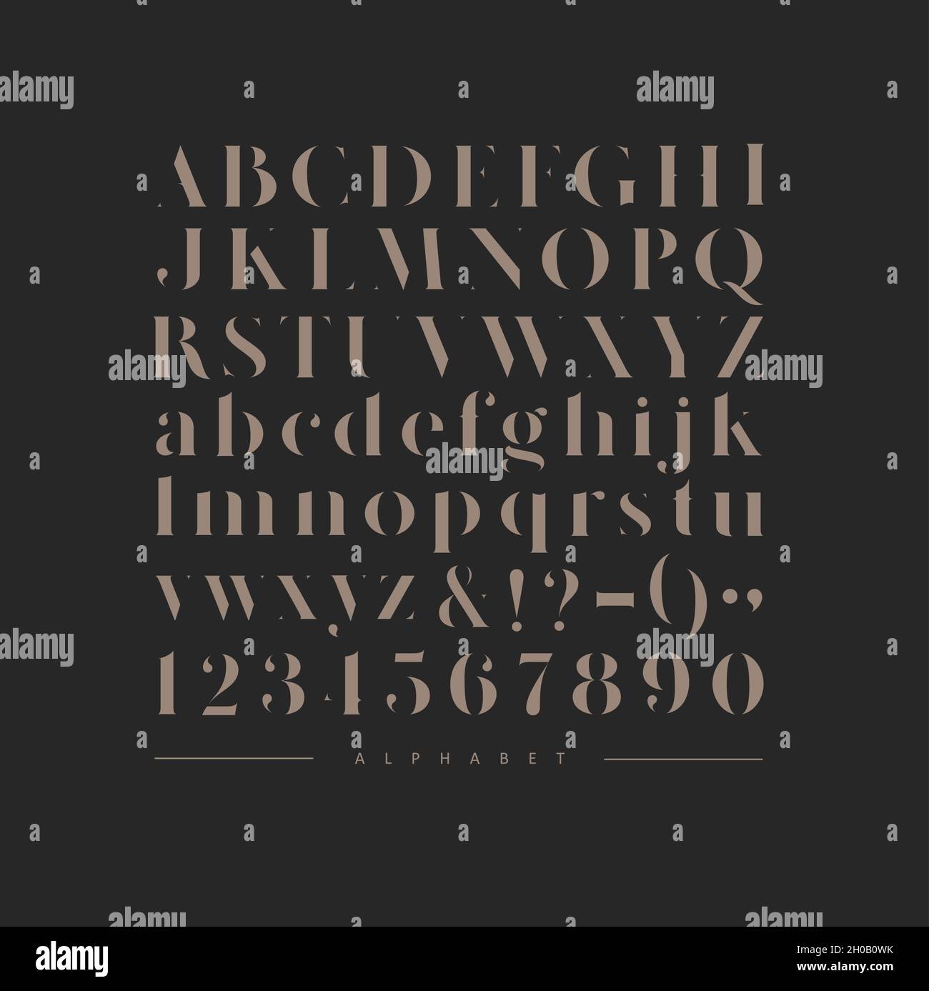 Elegante carattere elegante, alfabeto inglese. Lettere maiuscole, minuscole e numeri marroni Illustrazione Vettoriale