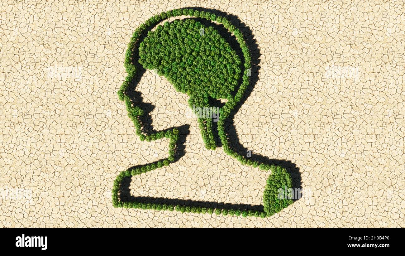 Concetto o gruppo concettuale di albero di foresta verde su fondo asciutto, segno di cervello umano. Una metafora di illustrazione 3d per scienza, intelligenza Foto Stock