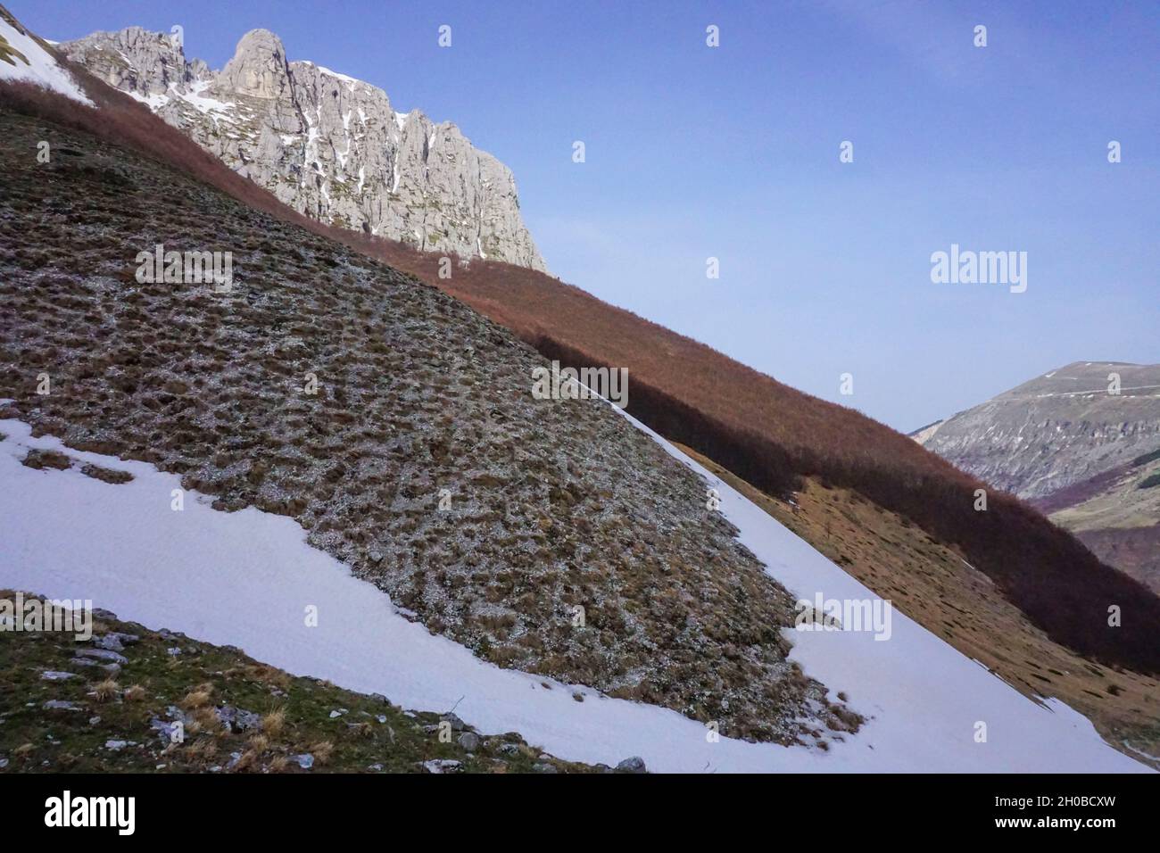 Val Panico, Parco Nazionale dei Monti Sibillini, Vista Monte Bove, Paesaggio, Usssita, Marche, Italia, Europa Foto Stock