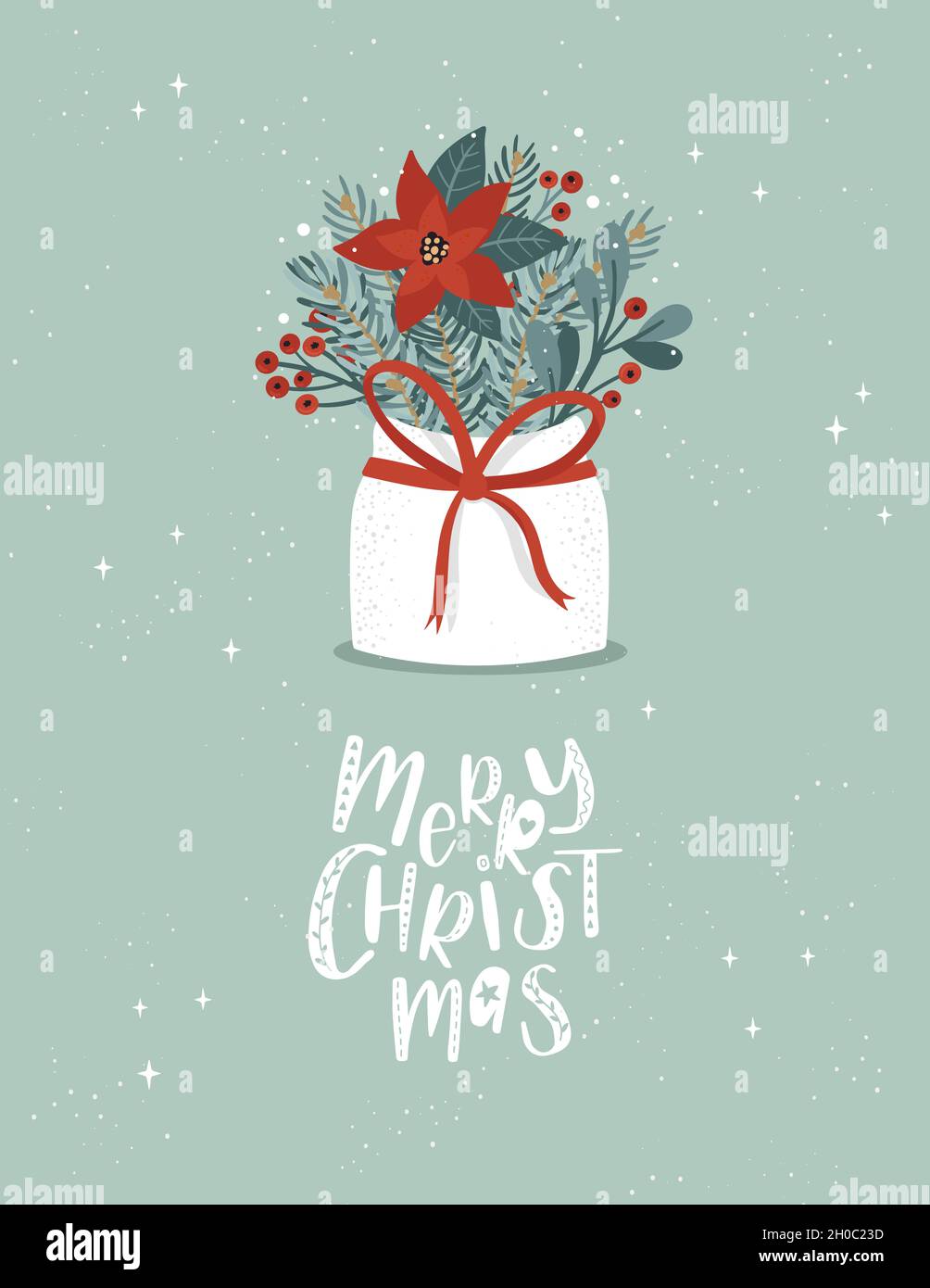 Carino disegno a mano e scritto di Natale, elementi floreali graziosi, poinsettia, agrifoglio e rami, grande per inviti, striscioni, sfondi Foto Stock