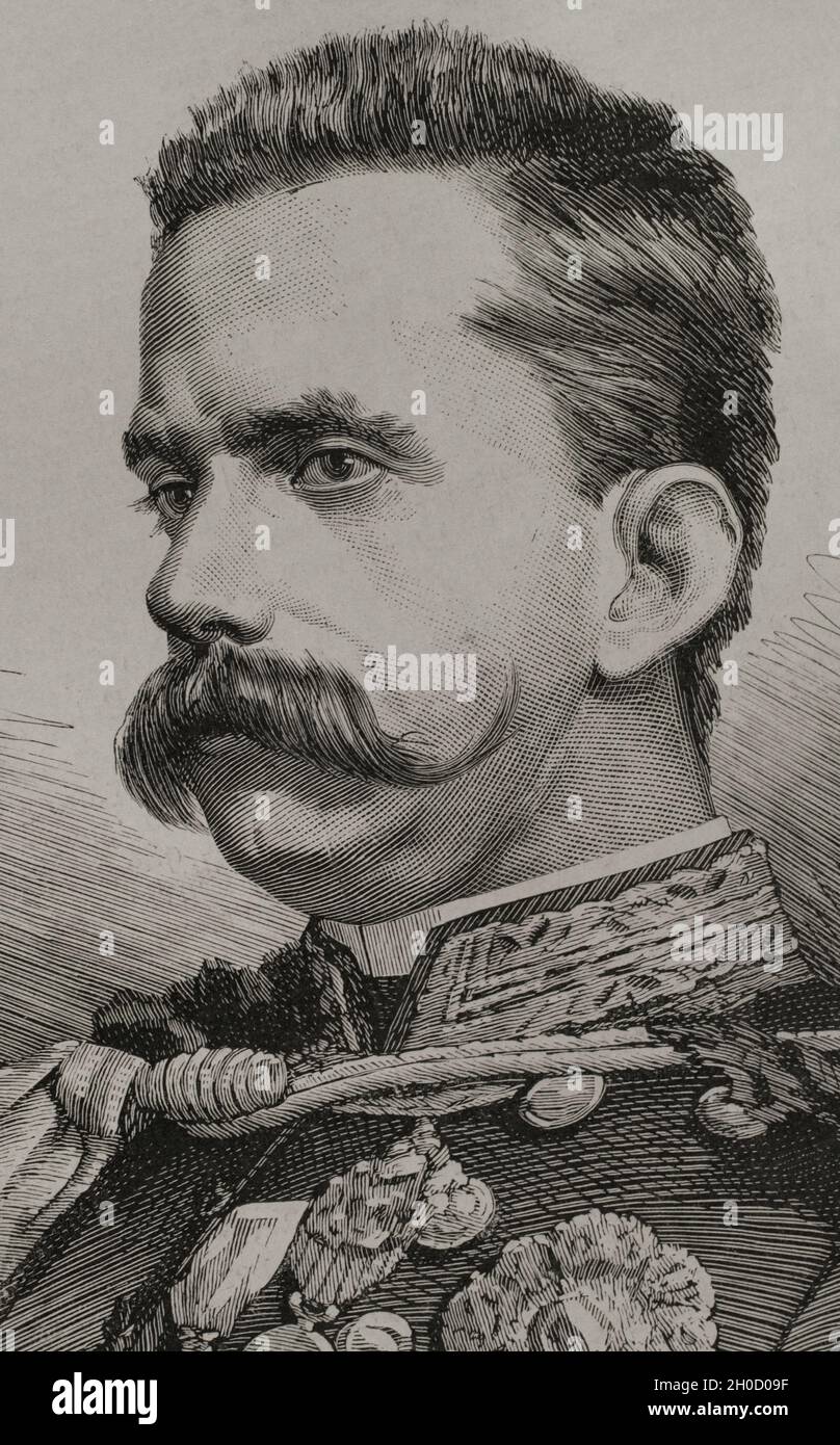 Umberto i (1844-1900). Re d'Italia (1878-1900). Membro della Casa di Savoia. Verticale. Incisione di Arturo Carretero. La Ilustración Española y americana, 1878. Foto Stock