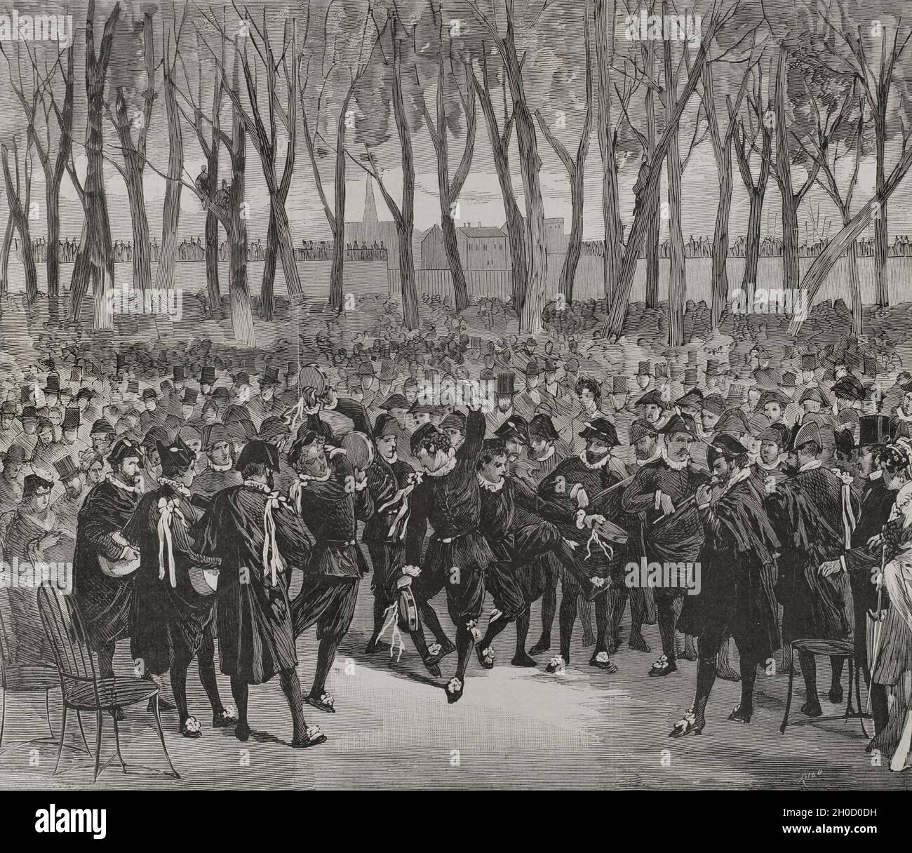 Francia. Carnevale di Parigi del 1878. L'estudiantina spagnola suona 'le arie nazionali' nel Giardino delle Tuileries, 6 marzo 1878. Incisione di Rico. La Ilustración Española y americana, 1878. Foto Stock