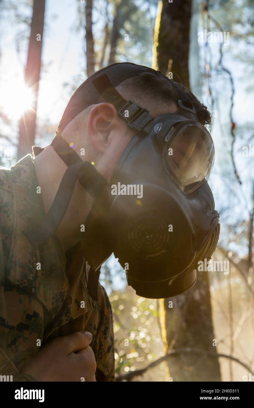 US Marine Corps PFC. John Thies, un missileman anti-serbatoio con 2d Light Armored Reconnaissance Battaglione, 2d Marine Division, partecipa a un esercizio di fiducia individuale dell'apparecchiatura di protezione su Camp Lejeune, N.C., 28 gennaio 2021. I Marines provano a indossare e ripulire le loro maschere per uso generale M50 Joint Service in un ambiente contaminato, e hanno ricevuto istruzioni su come reagire dopo un attacco CBRN nozionale nel campo. Foto Stock