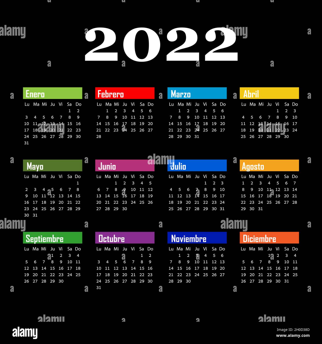 calendario nero su 2022 anni, in spagnolo.colore mese. Illustrazione Vettoriale