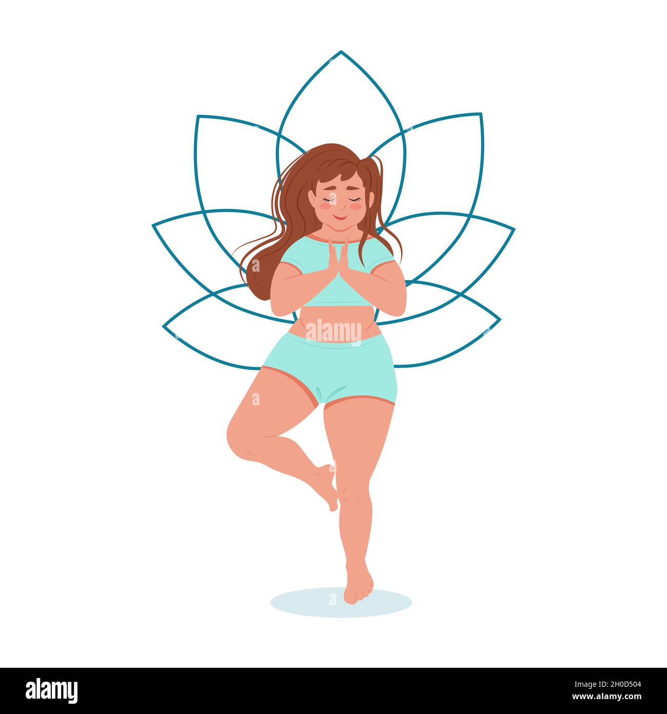 Ragazza grasso che fa yoga. Ragazza carina con meditati freckles. Illustrazione vettoriale Illustrazione Vettoriale