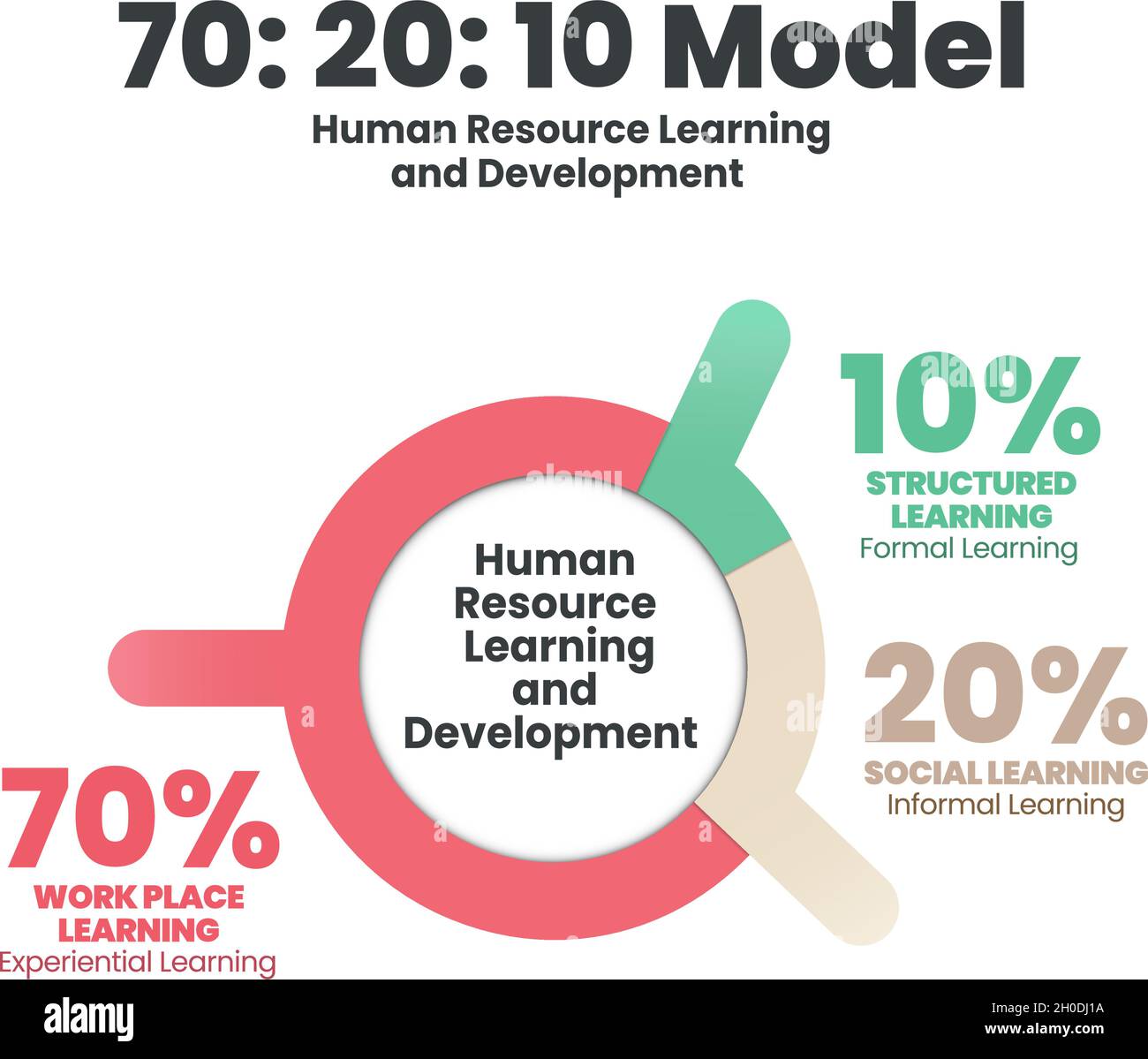 Il vettore grafico rotondo di apprendimento e di sviluppo delle risorse umane è illustrato 70:20:10 il modello di apprendimento ha 3 elementi, on-the-Job o 70% per cento Illustrazione Vettoriale