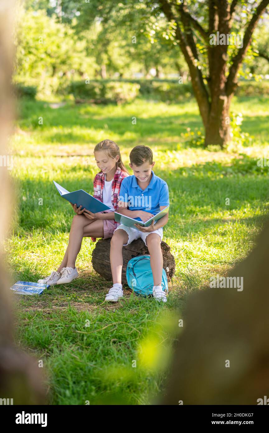 Ragazzi e ragazze che leggono su un ceppo di albero nel parco Foto Stock