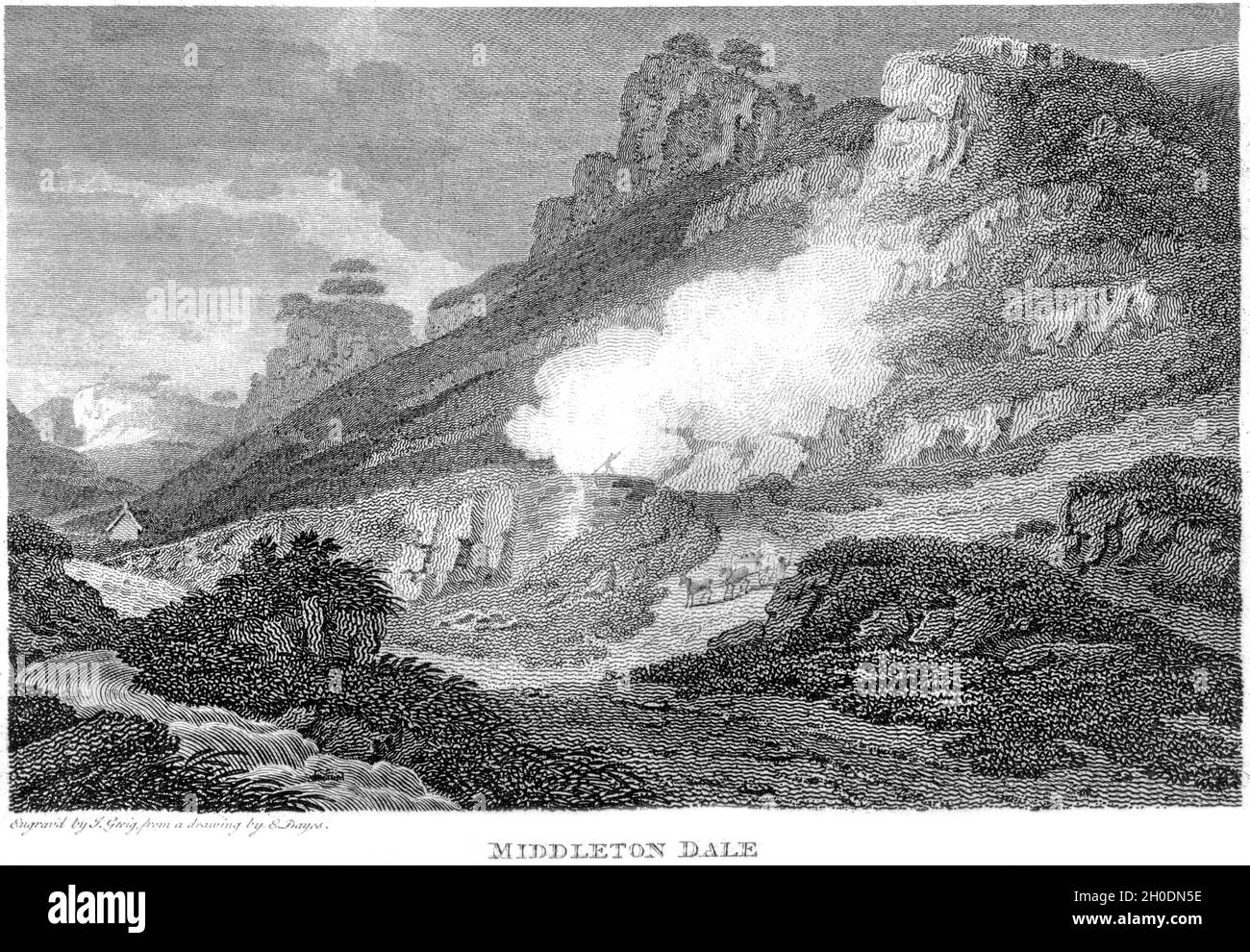 Un'incisione di calcari a Middleton Dale, Derbyshire UK scansionata ad alta risoluzione da un libro stampato nel 1812. Creduto libero di copyright. Foto Stock
