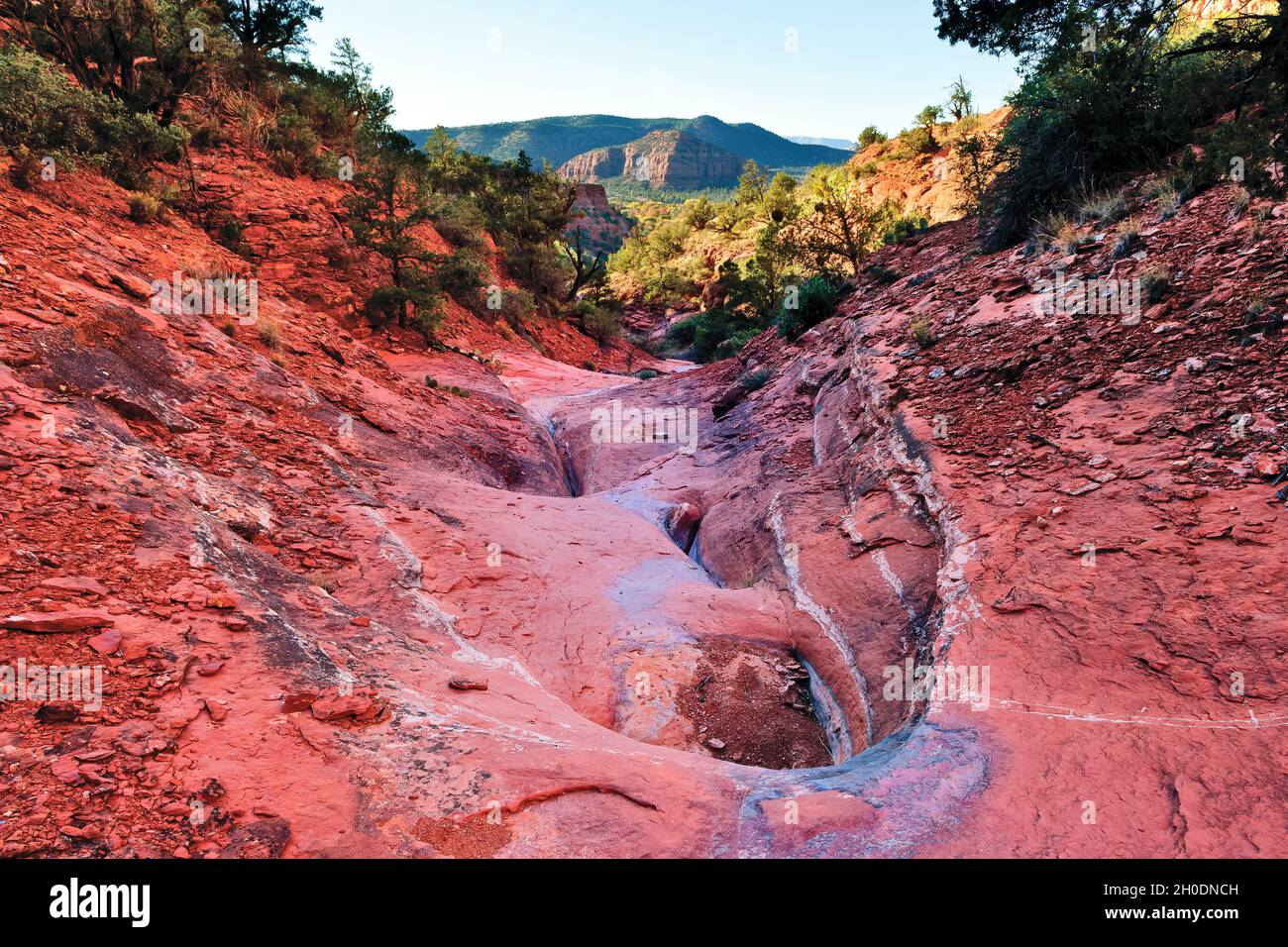 Un sentiero roccioso dal lato ovest di Cathedral Rock a Sedona, Arizona. Questo percorso non è sui sentieri turistici segnalati. Foto Stock