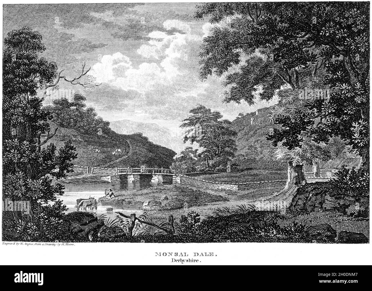 Un'incisione di Monsal Dale, Derbyshire UK scansionata ad alta risoluzione da un libro stampato nel 1812. Creduto libero di copyright. Foto Stock