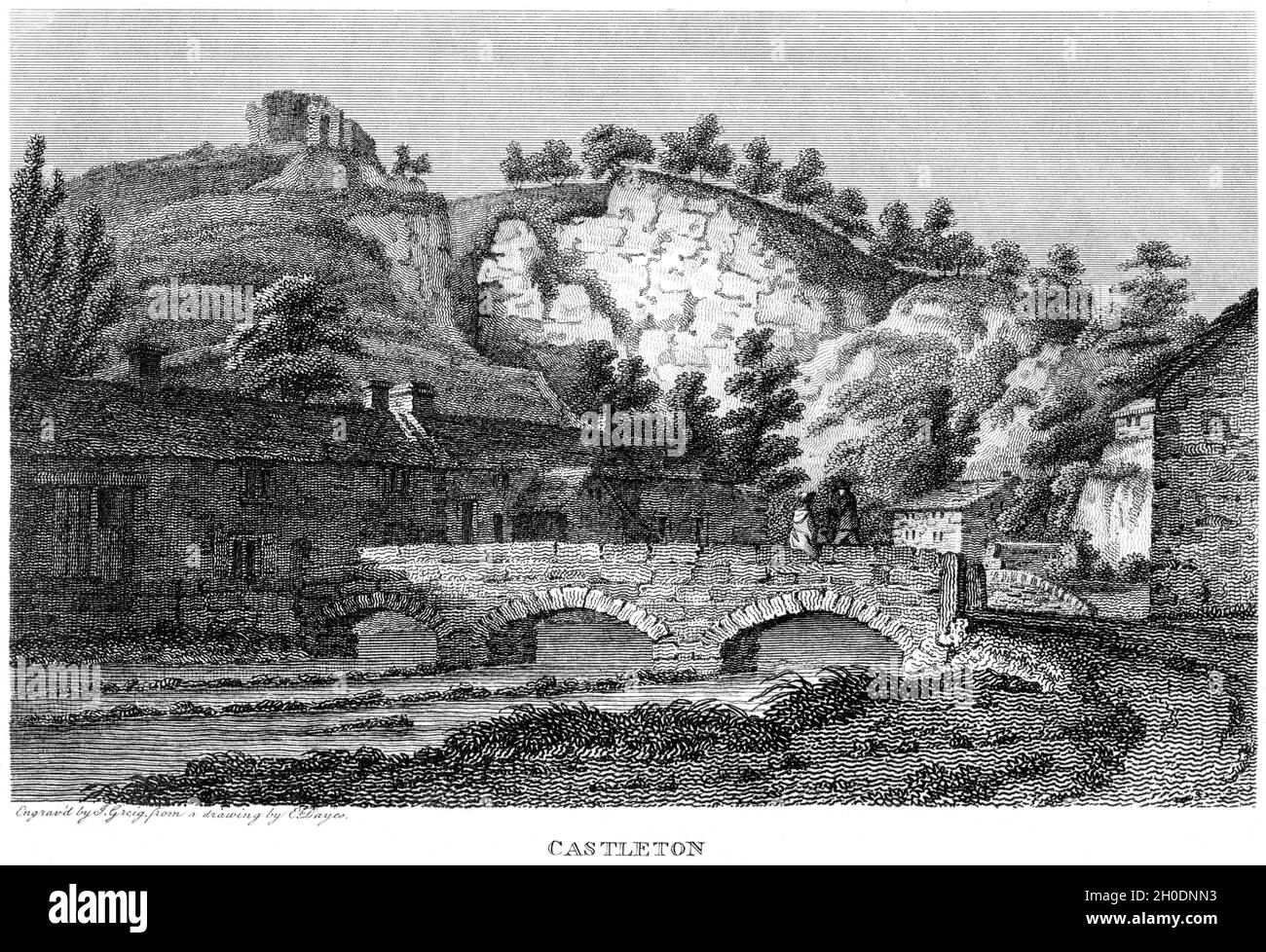 Un'incisione di Castleton, Derbyshire UK scansionata ad alta risoluzione da un libro stampato nel 1812. Creduto libero di copyright. Foto Stock