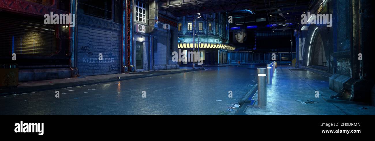 Moody scuro scena notturna urbana in una futura città cyberpunk. Ampio rendering panoramico 3D. Foto Stock
