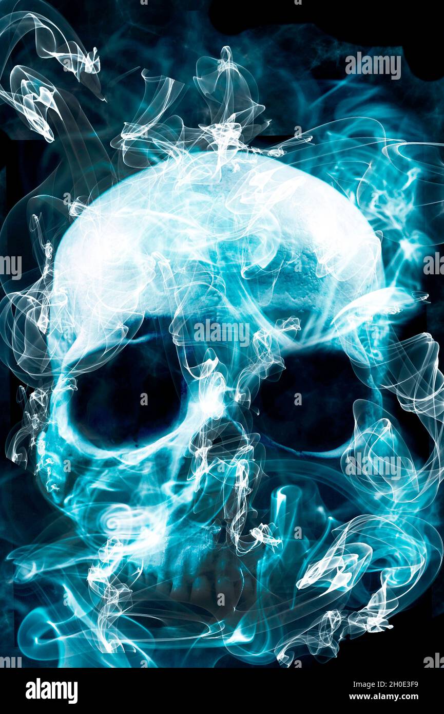 Cranio con fumo intorno, Halloween horror concetto Foto Stock