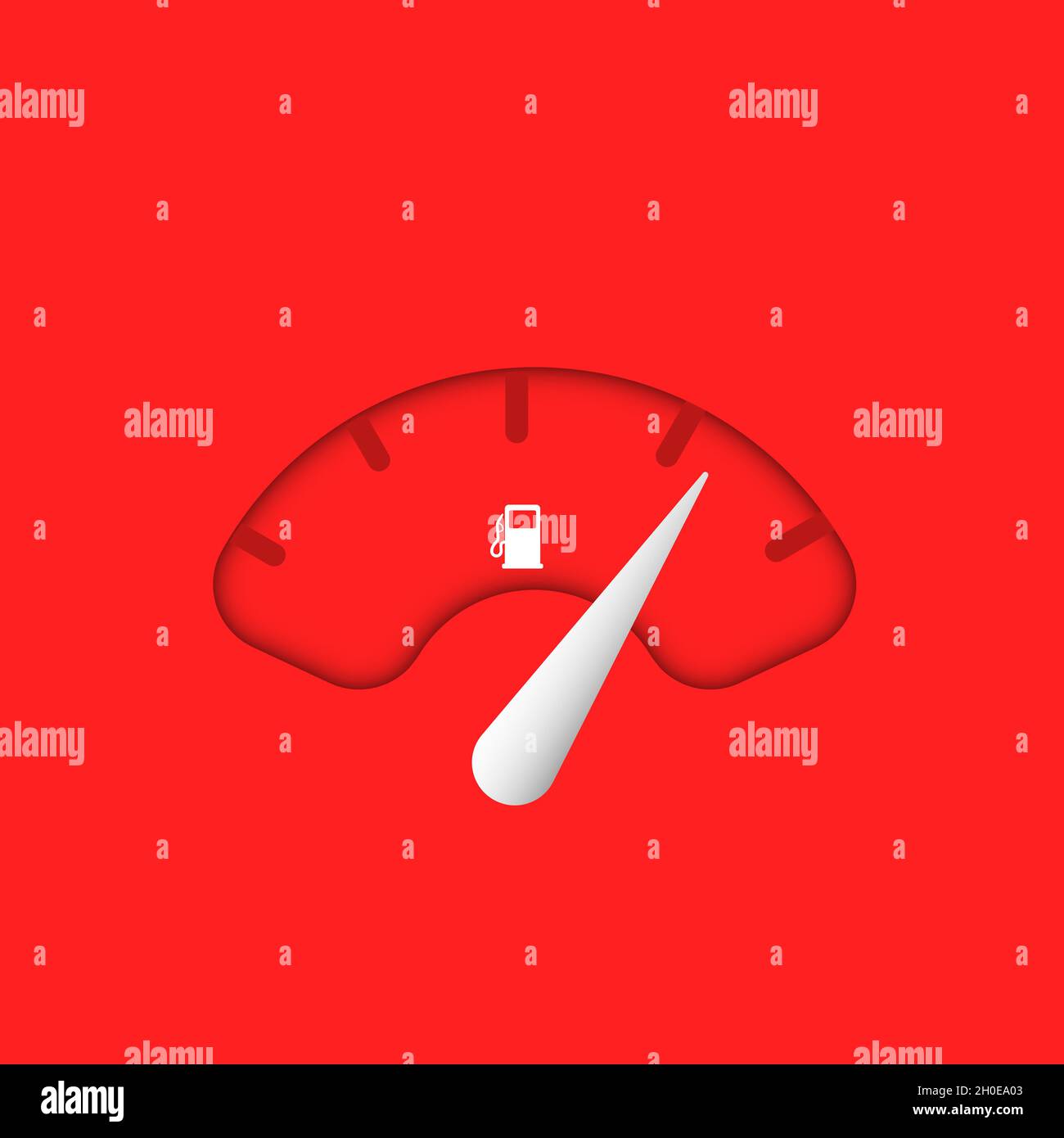 L'indicatore del serbatoio del carburante o l'icona dell'indicatore del livello del carburante sono isolati su sfondo rosso. Vettore indicatore tachimetro automatico. Vettore di illustrazione orologio a benzina di tipo piatto. Illustrazione Vettoriale