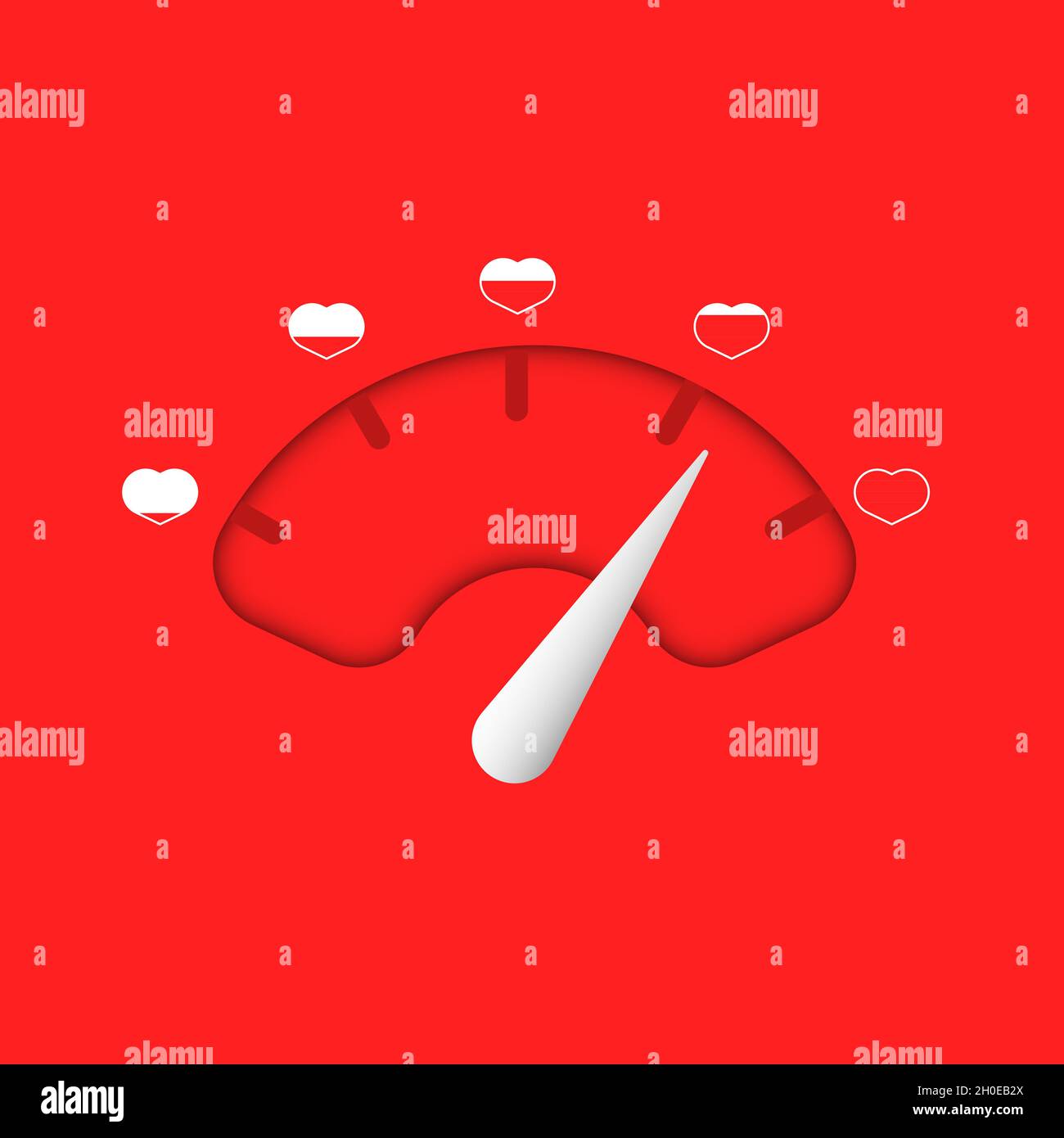 Indicatore d'amore con cuori rossi su sfondo rosso. San Valentino saluti scheda di design elemento. Termometro Love, scale passion, misurazione romanticismo Illustrazione Vettoriale